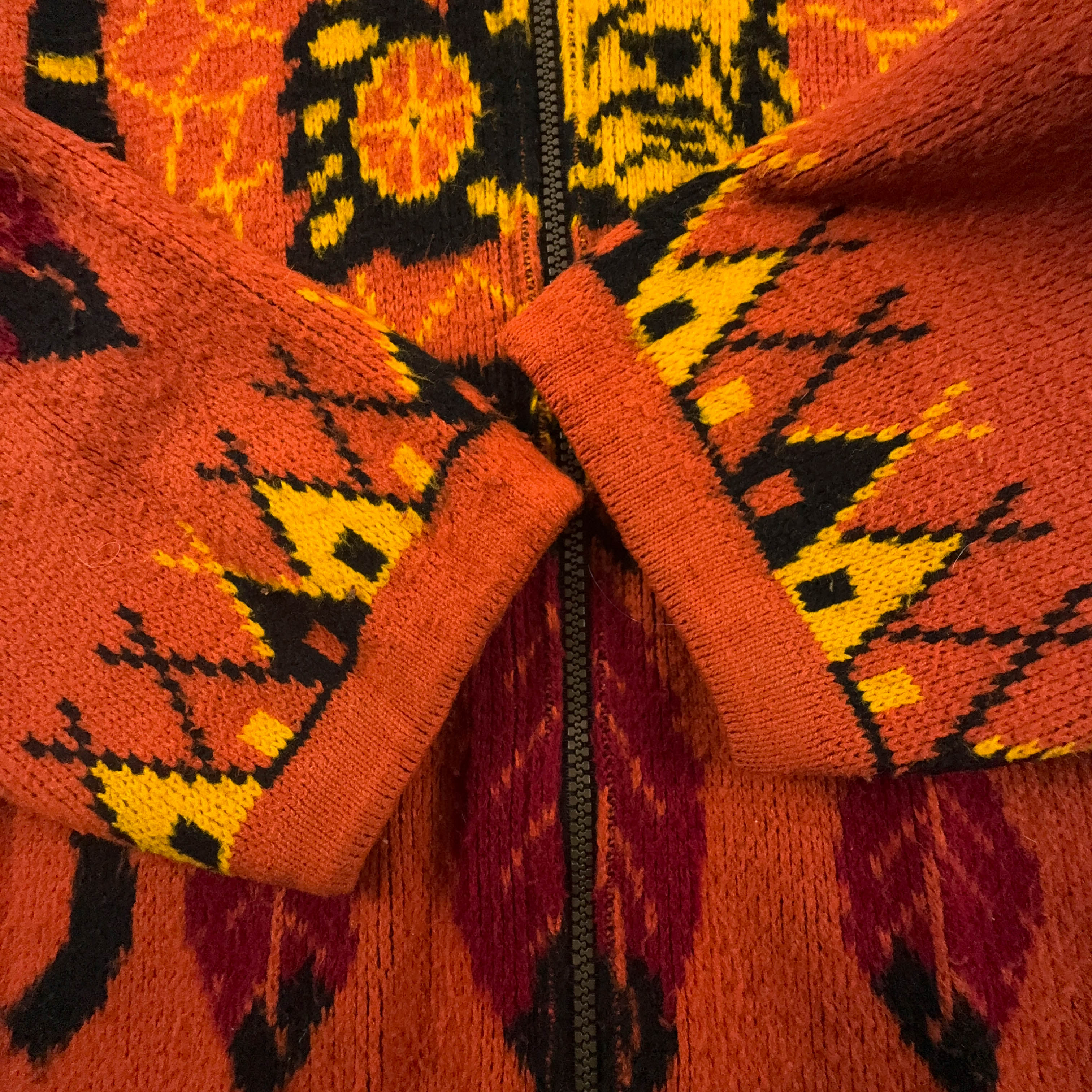 Cardigan Vintage arancione tribale con cappuccio e grafica misto lana anni 80 90 - Taglia L uomo