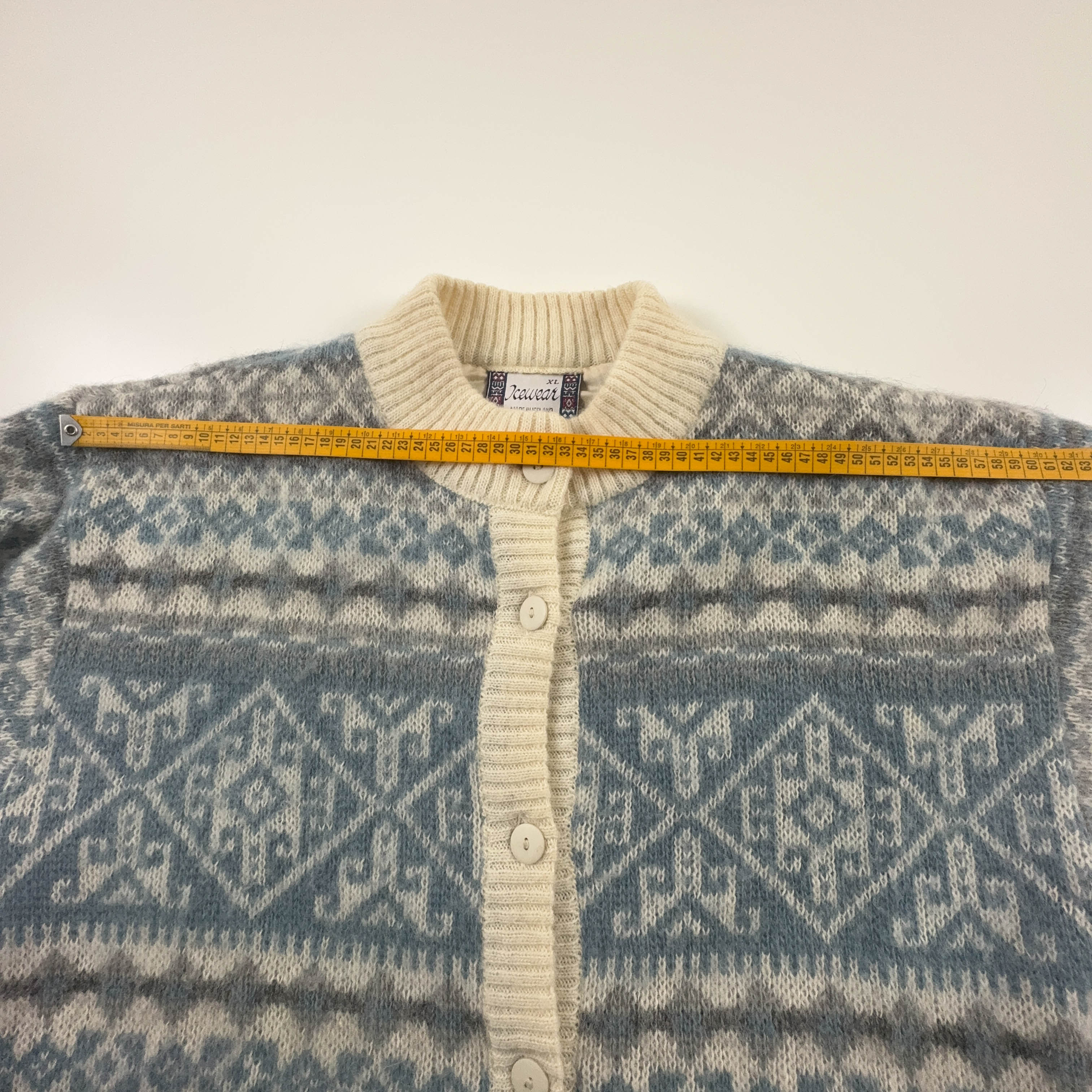 Cardigan Vintage Icewear foderato crema e azzurro geometrico 100% lana anni 80 90 - Taglia XL uomo