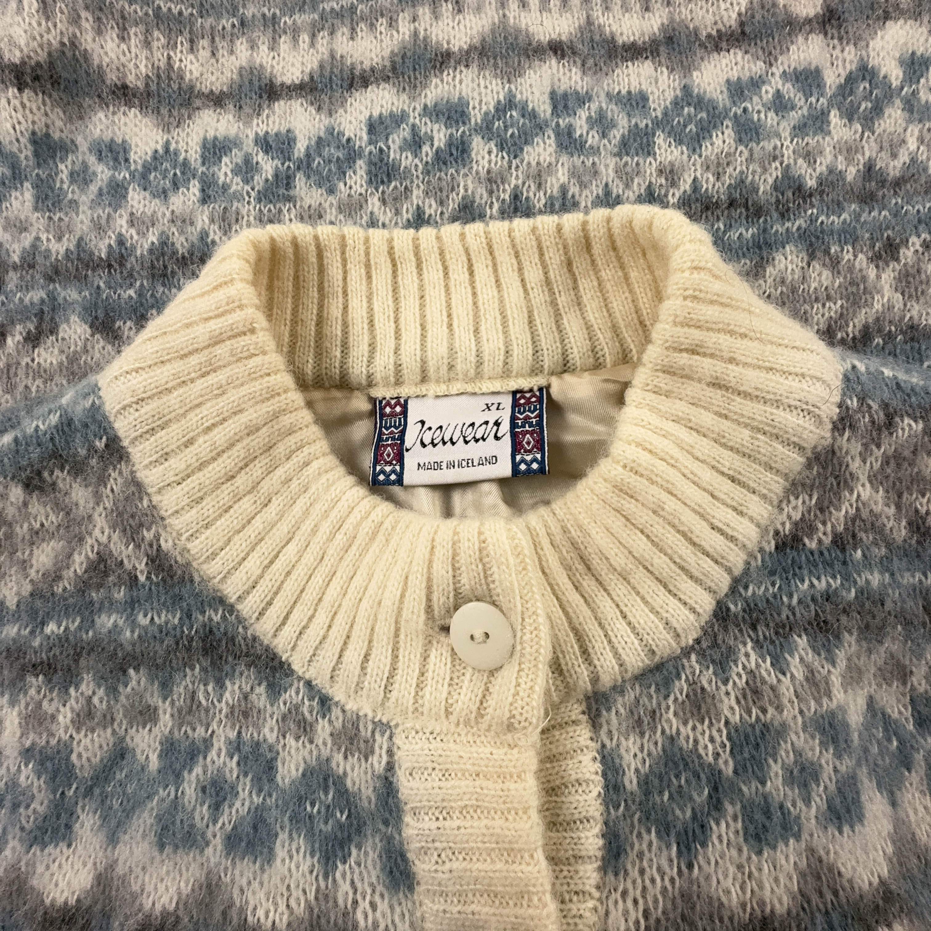 Cardigan Vintage Icewear foderato crema e azzurro geometrico 100% lana anni 80 90 - Taglia XL uomo