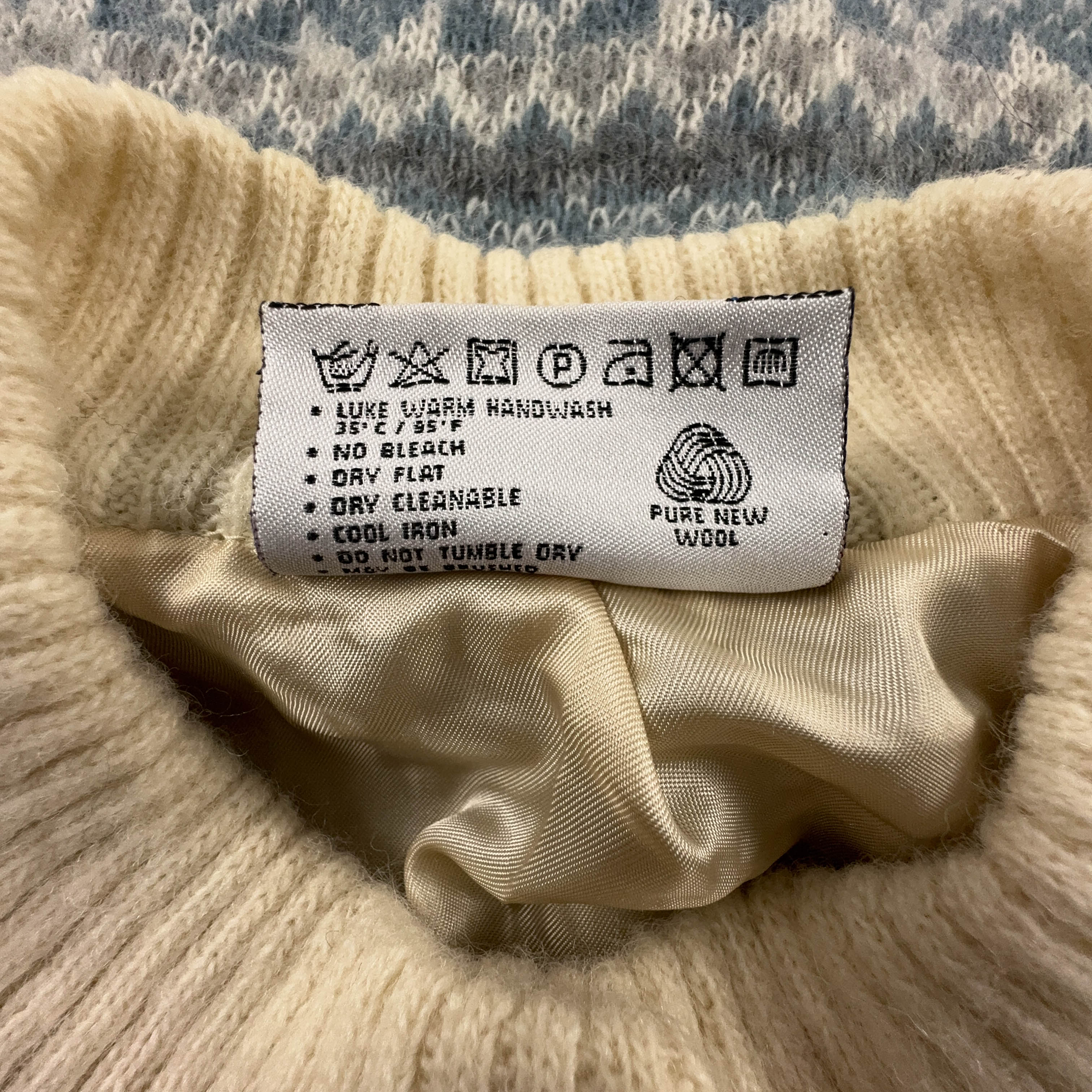 Cardigan Vintage Icewear foderato crema e azzurro geometrico 100% lana anni 80 90 - Taglia XL uomo