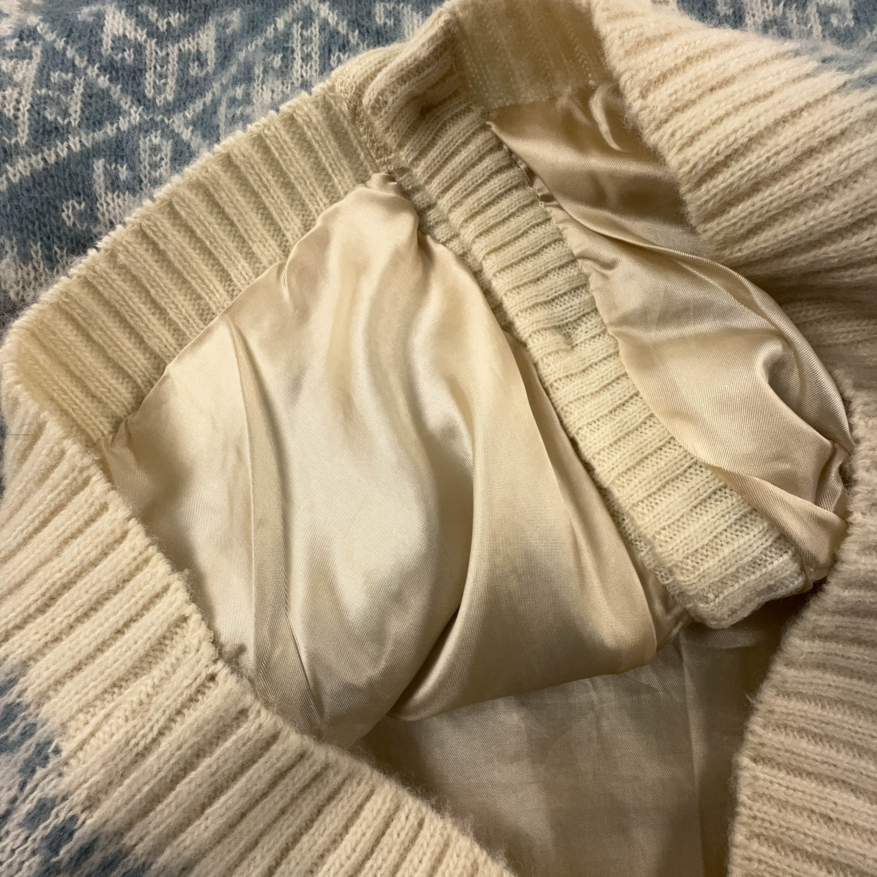 Cardigan Vintage Icewear foderato crema e azzurro geometrico 100% lana anni 80 90 - Taglia XL uomo