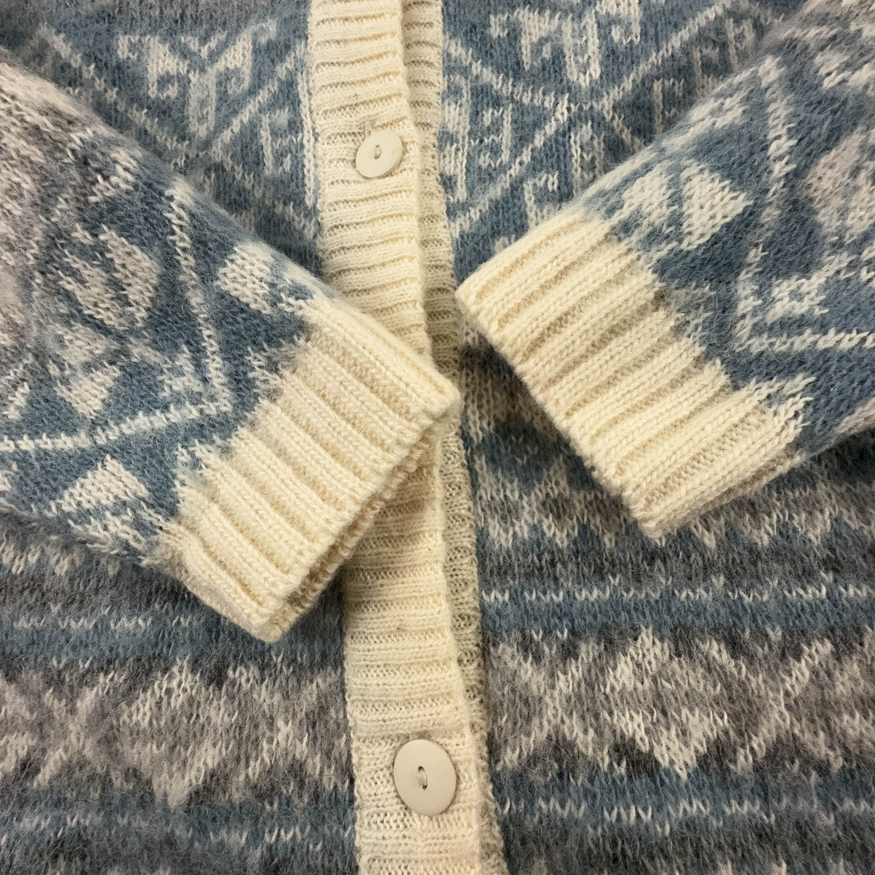 Cardigan Vintage Icewear foderato crema e azzurro geometrico 100% lana anni 80 90 - Taglia XL uomo