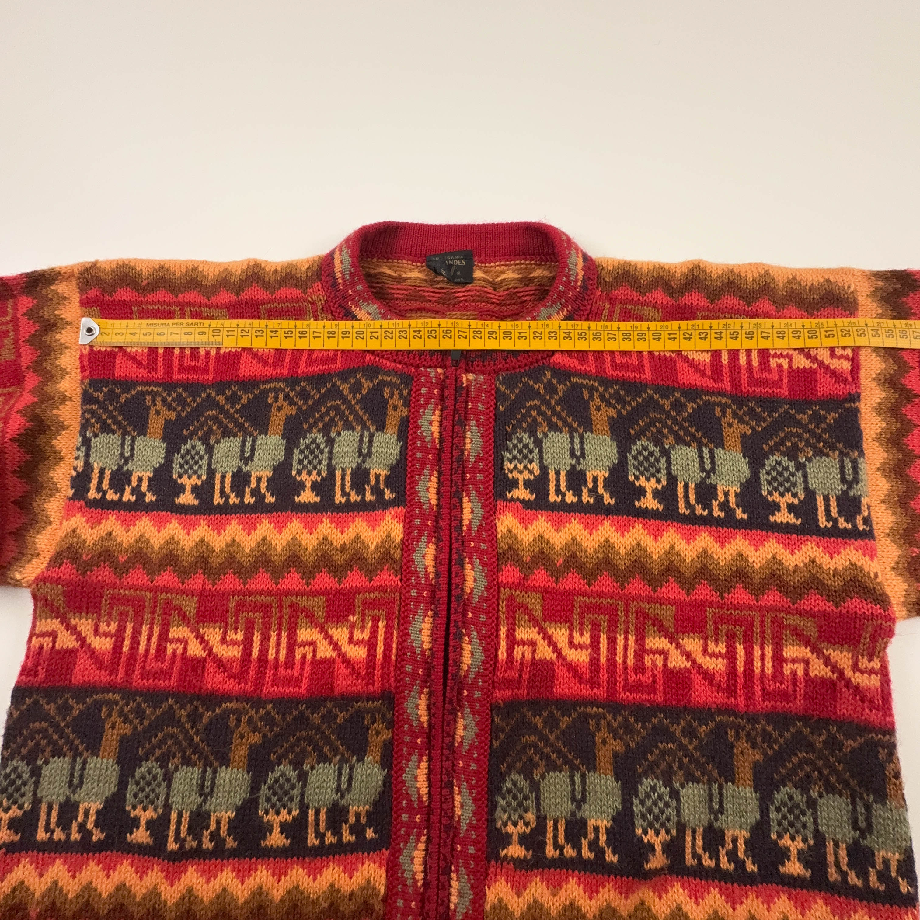 Cardigan Los Andes Vintage rosso tribale geometrico 100% alpaca anni 80 90 - Taglia M uomo