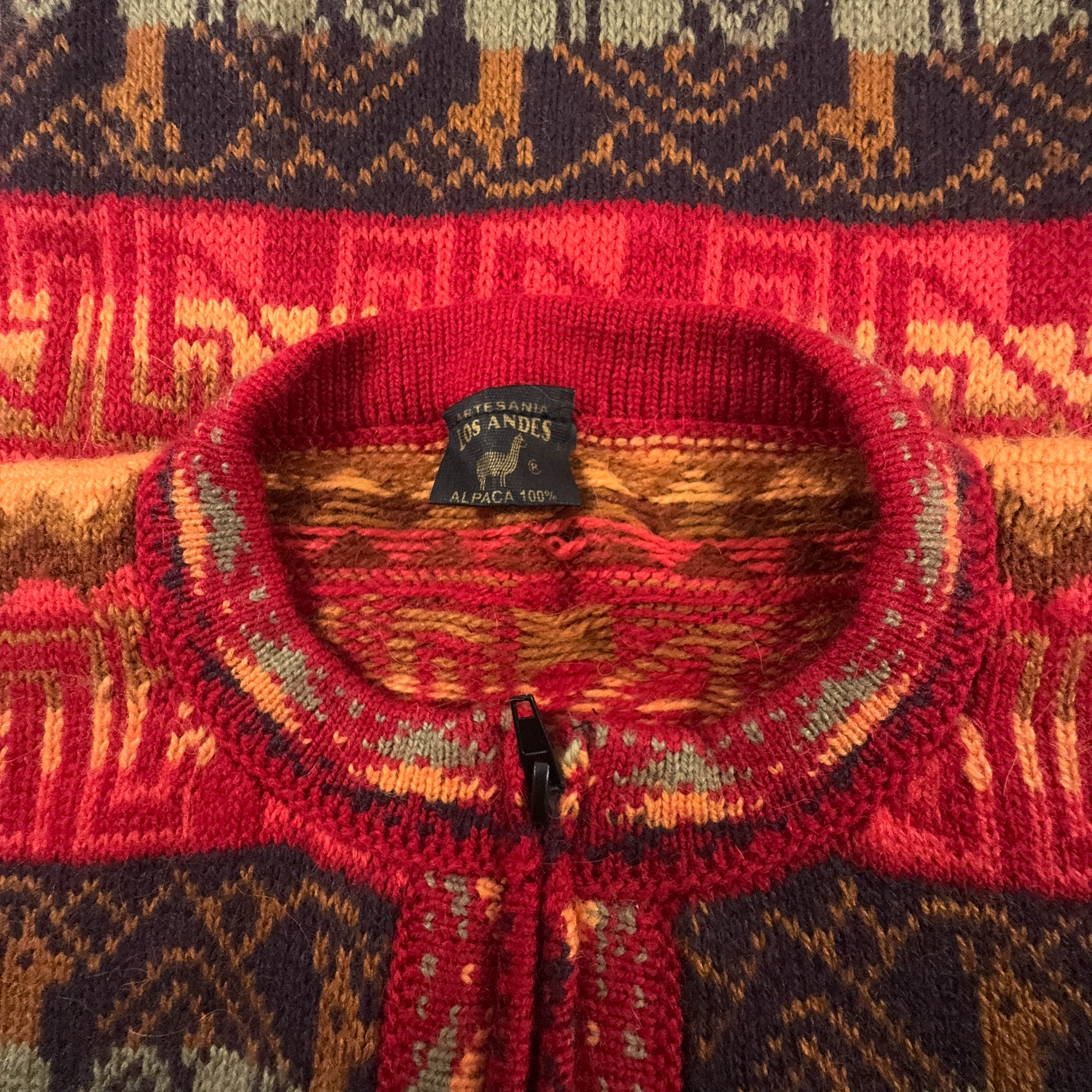 Cardigan Los Andes Vintage rosso tribale geometrico 100% alpaca anni 80 90 - Taglia M uomo