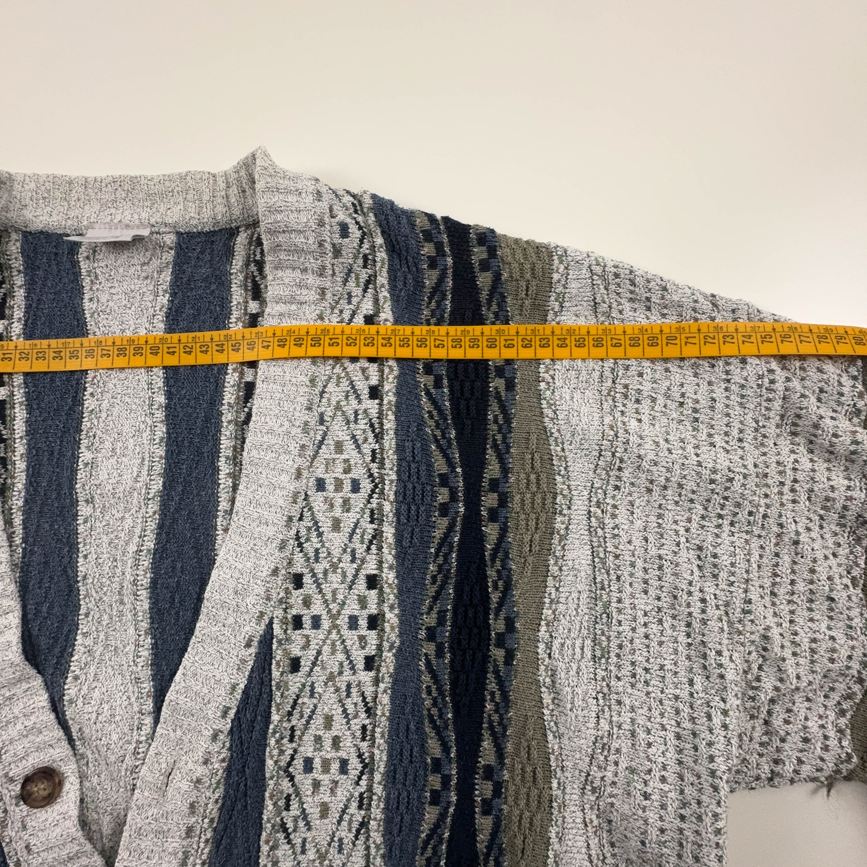 Cardigan Vintage grigio e blu a astratto a righe anni 80 90 - Taglia 52 54 uomo