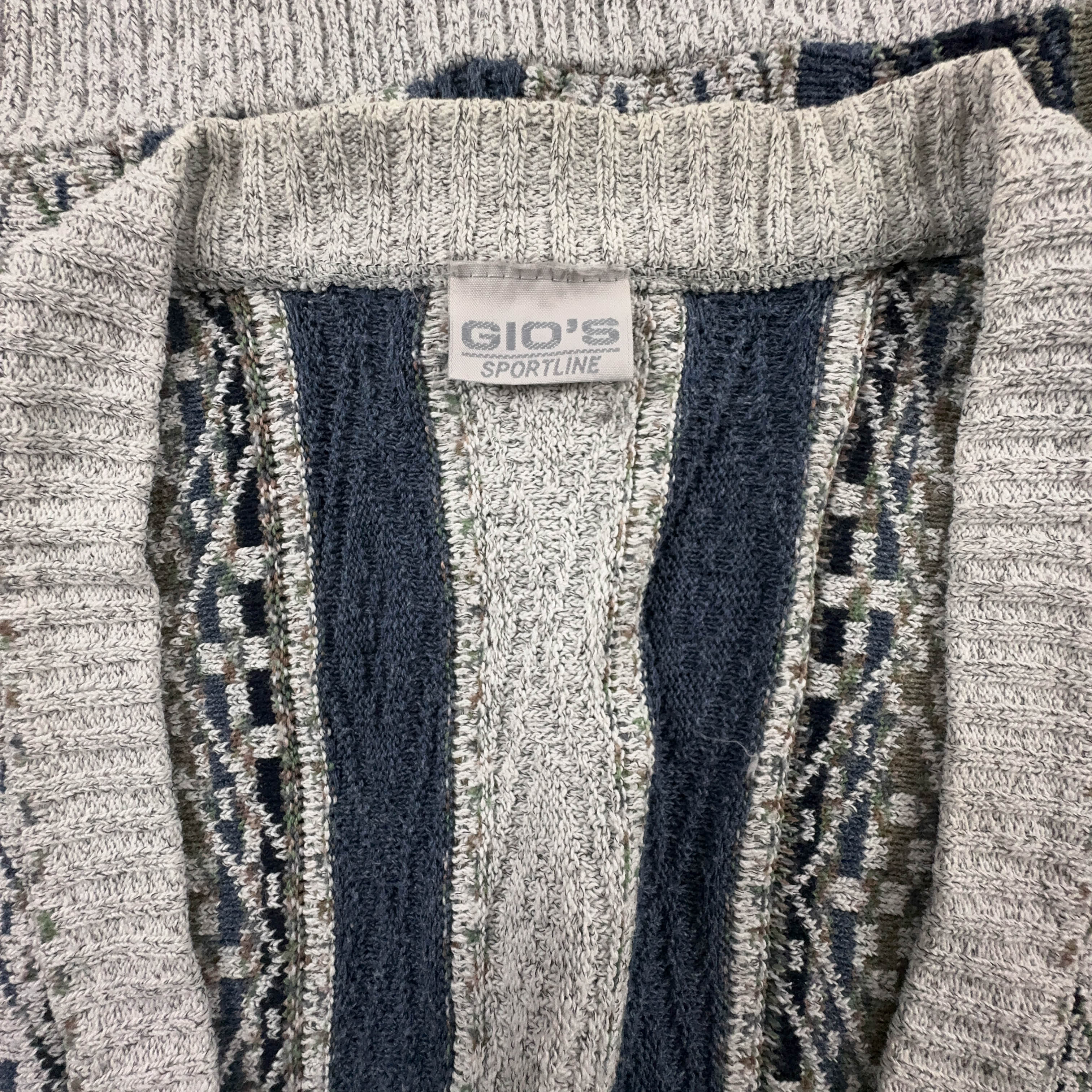 Cardigan Vintage grigio e blu a astratto a righe anni 80 90 - Taglia 52 54 uomo