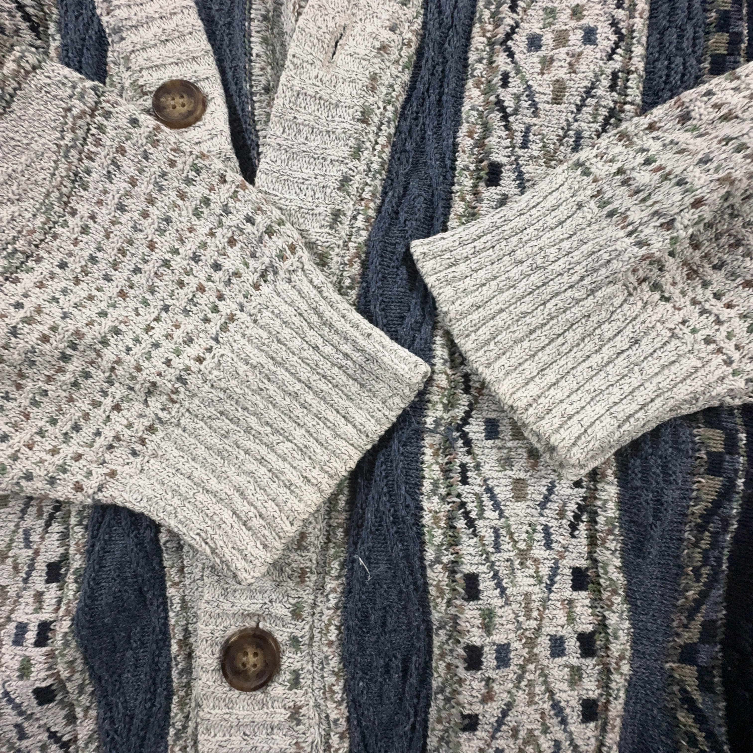 Cardigan Vintage grigio e blu a astratto a righe anni 80 90 - Taglia 52 54 uomo