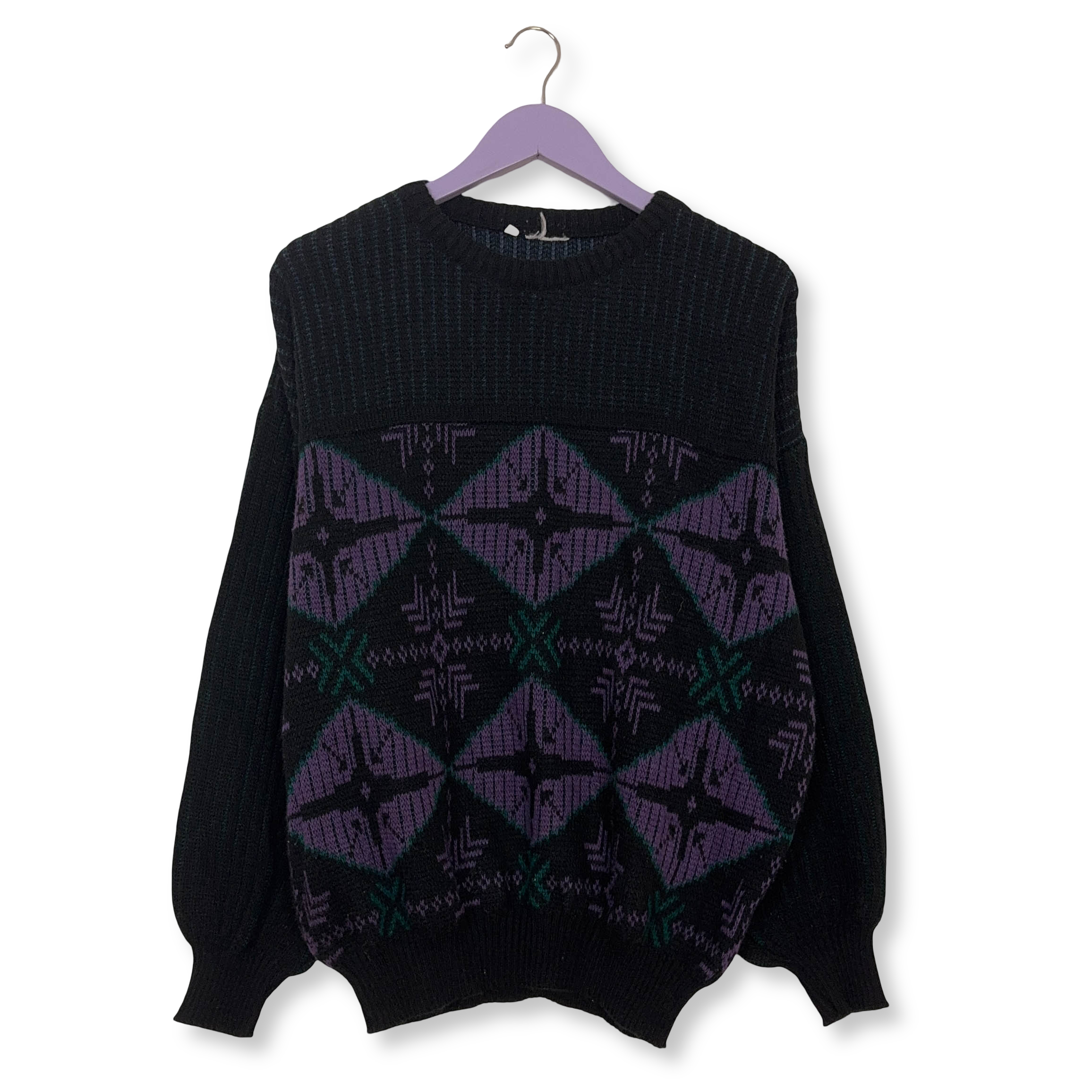 Maglione Vintage nero e viola astratto 30% lana anni 80 90 - Taglia 54 uomo