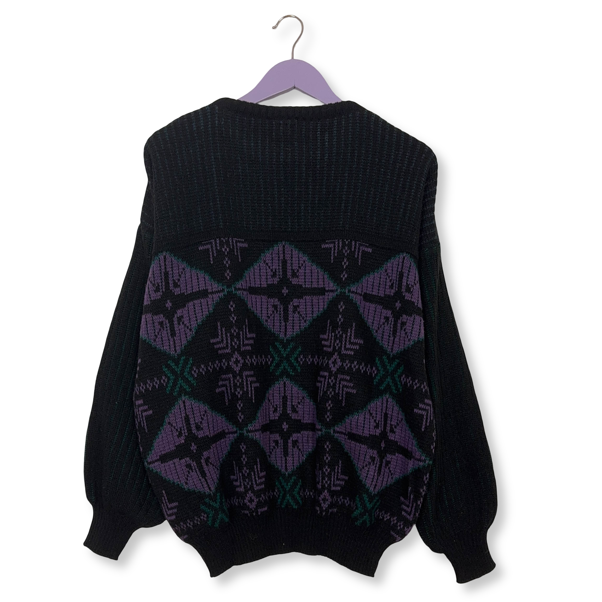 Maglione Vintage nero e viola astratto 30% lana anni 80 90 - Taglia 54 uomo