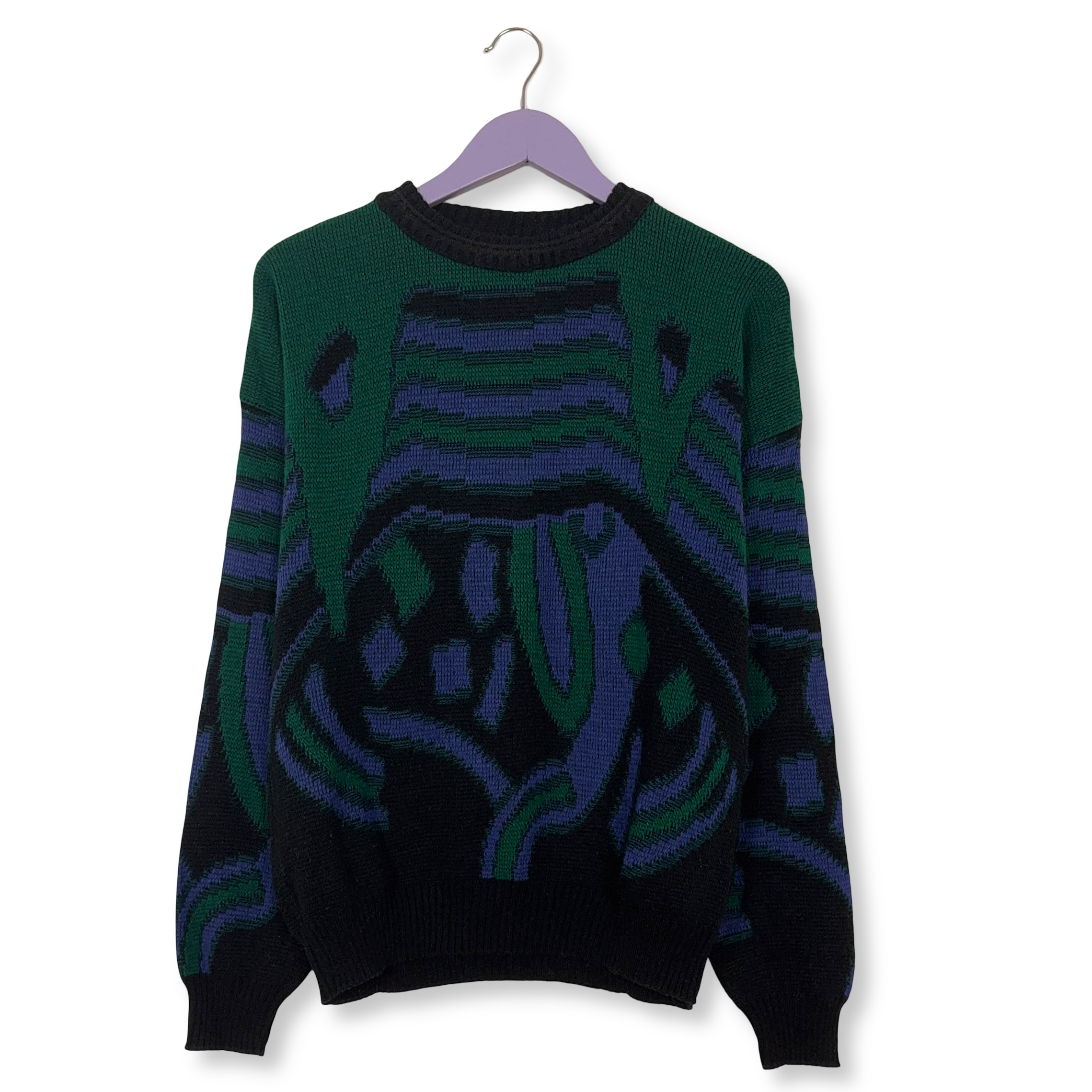 Maglione Vintage verde e viola astratto 30% lana anni 80 90 - Taglia L uomo