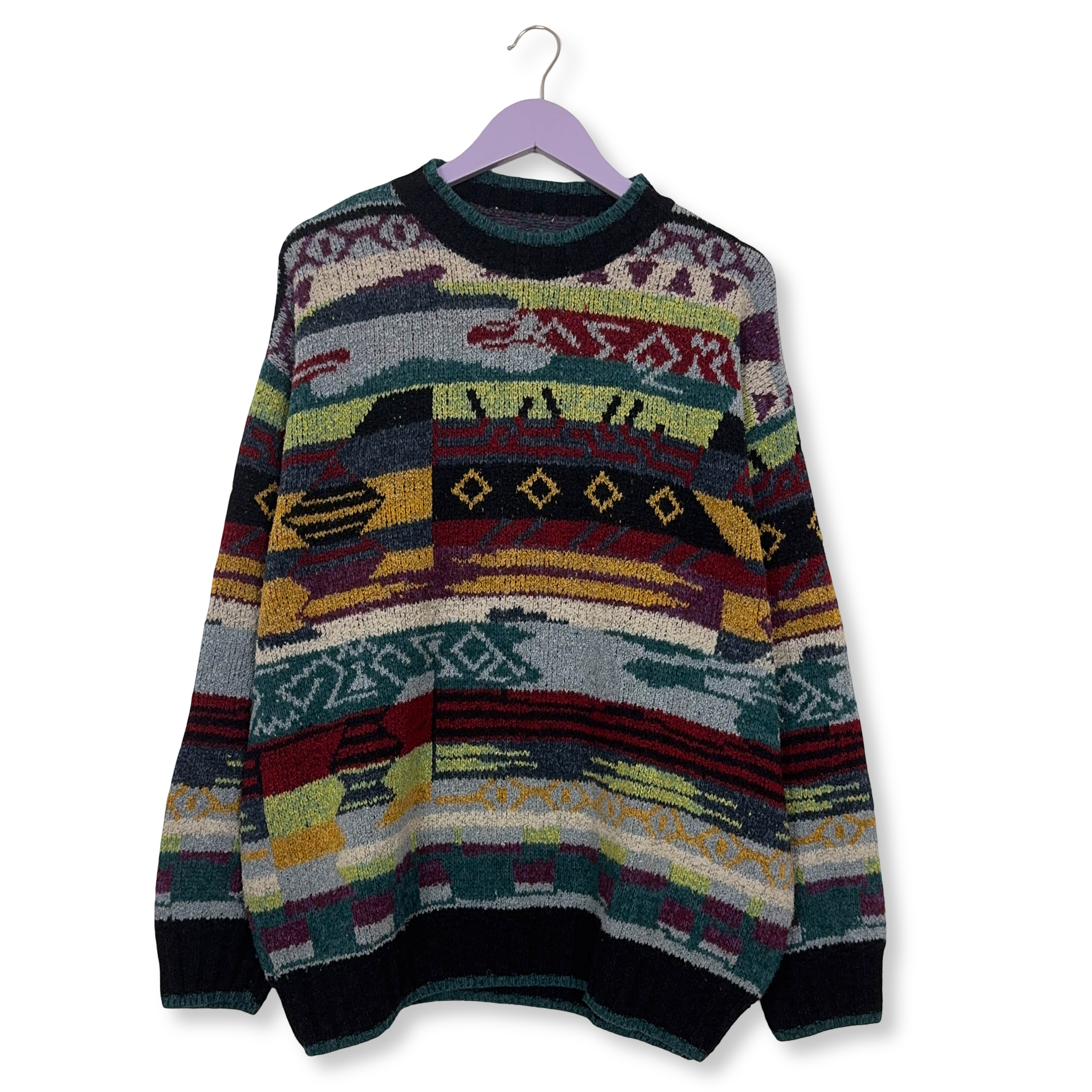 Maglione Vintage multicolore astratto 80% lana anni 80 90 - Taglia XL uomo