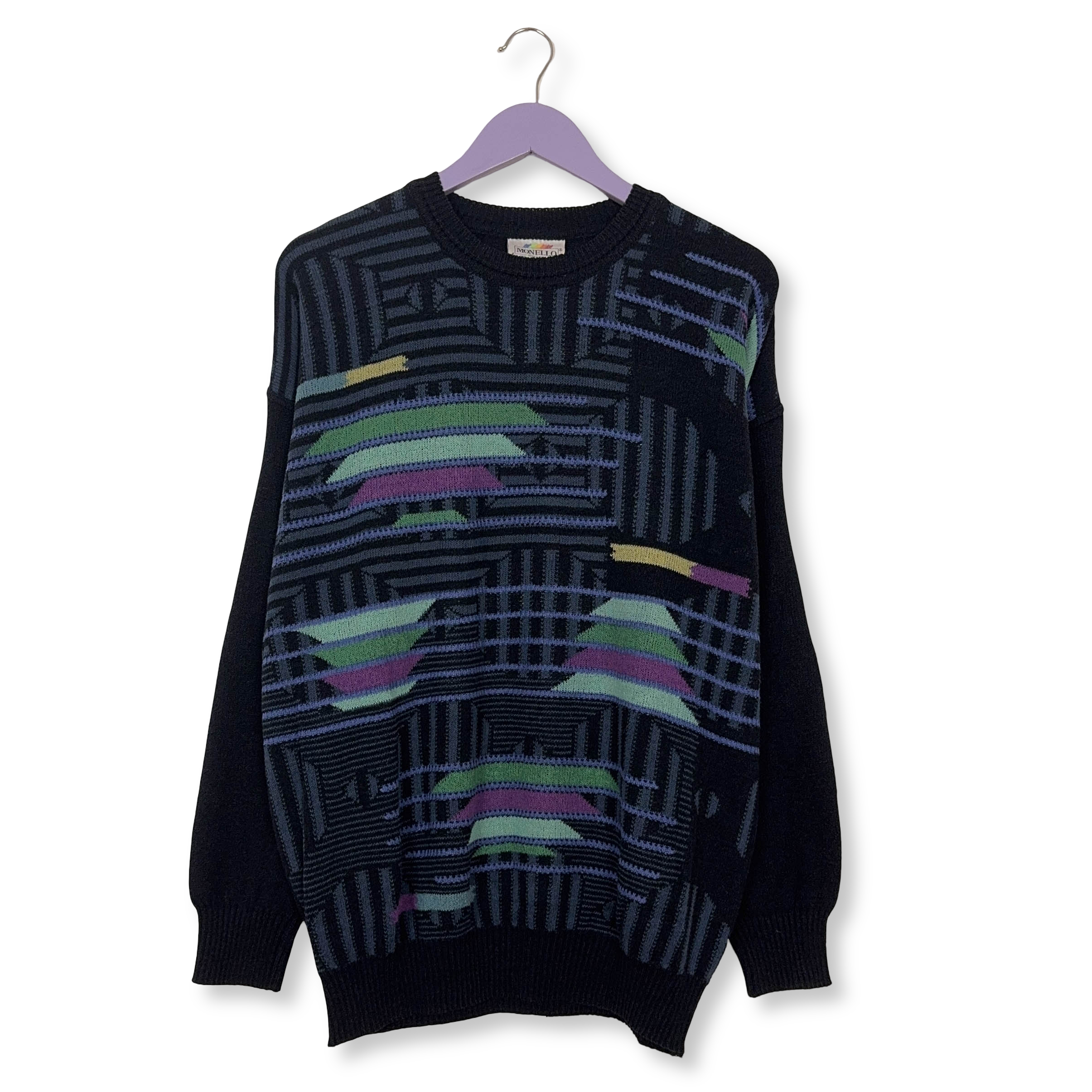 Maglione Vintage blu scuro astratto geometrico anni 80 90 - Taglia 54 uomo