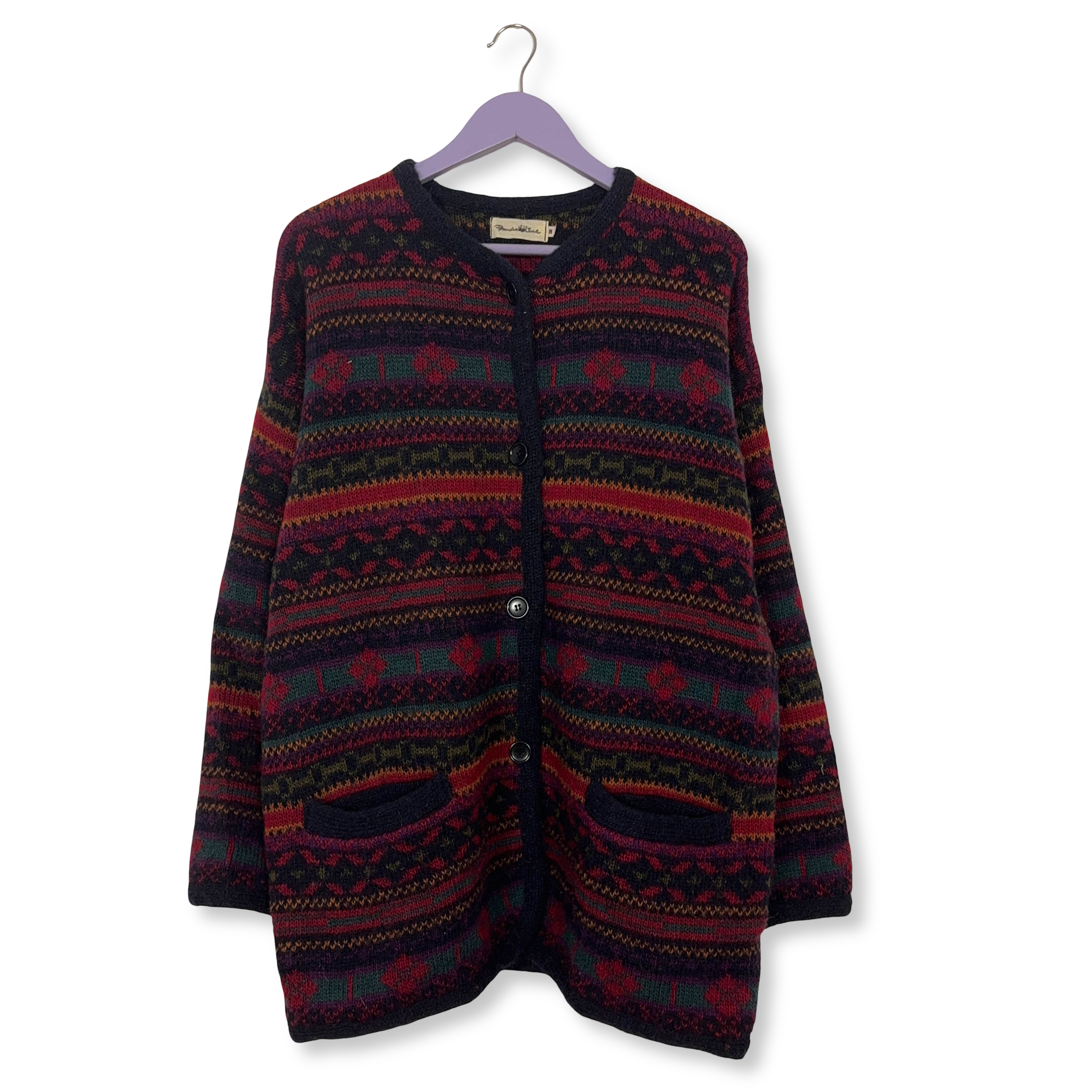 Cardigan Vintage rosso e blu astratto 100% lana anni 80 90 - Taglia L/XL uomo