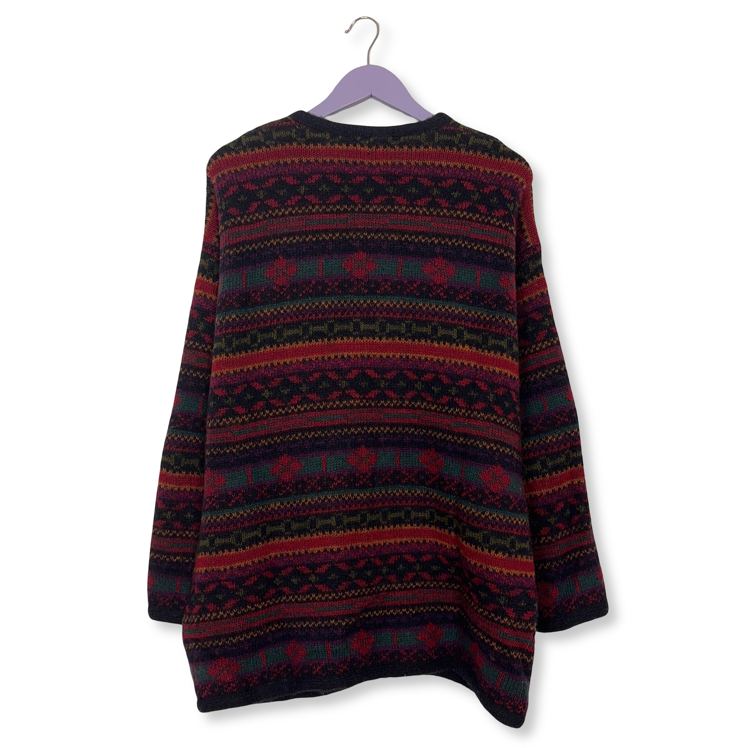 Cardigan Vintage rosso e blu astratto 100% lana anni 80 90 - Taglia L/XL uomo