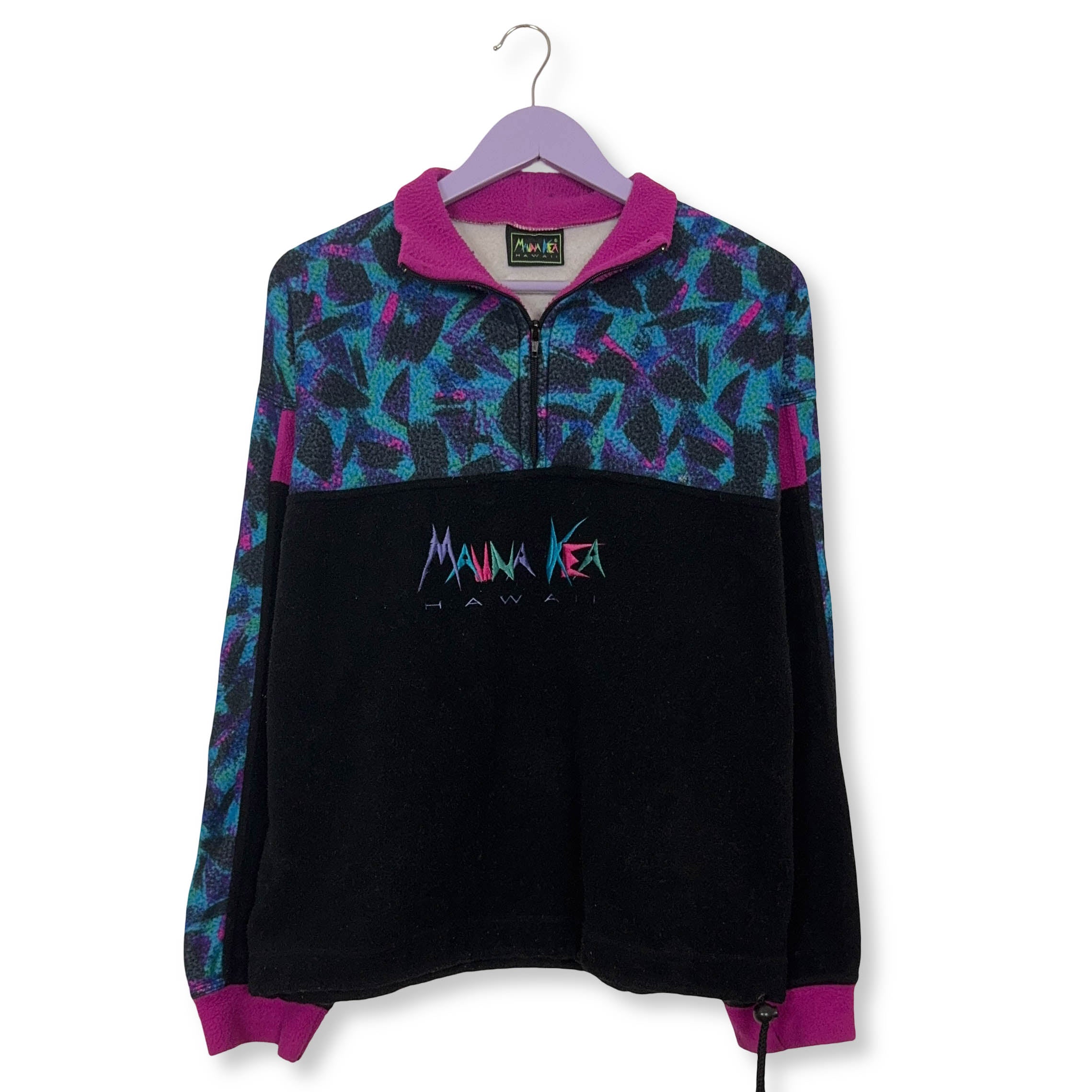 Pile Mauna Kea Vintage nero e blu astratto con ricamo anni 80 90 - Taglia M/L uomo