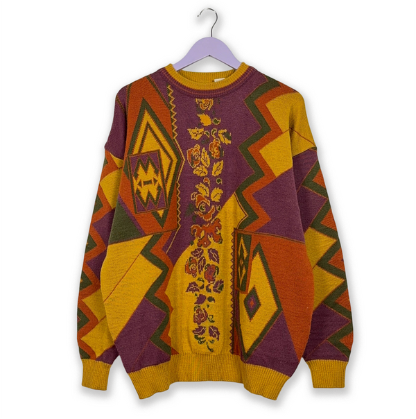 Vintage 15% wool crew neck sweater yellow and purple pattern - Size 52 54 L men