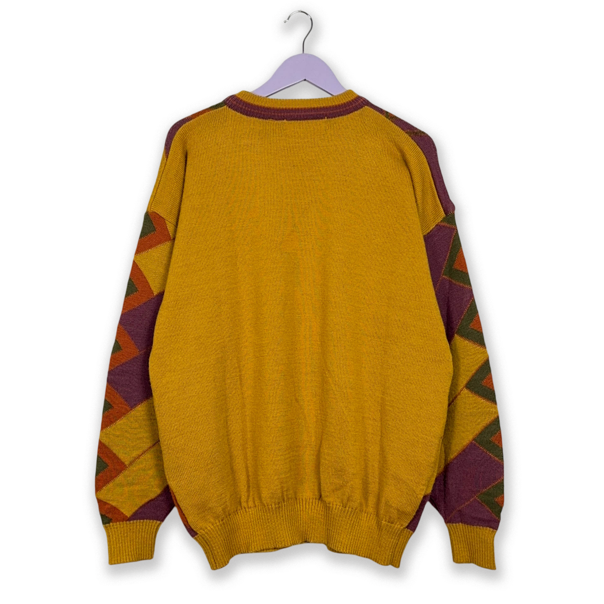 Maglione Vintage 15% lana a girocollo giallo e viola a fantasia - Taglia 52 54 L uomo