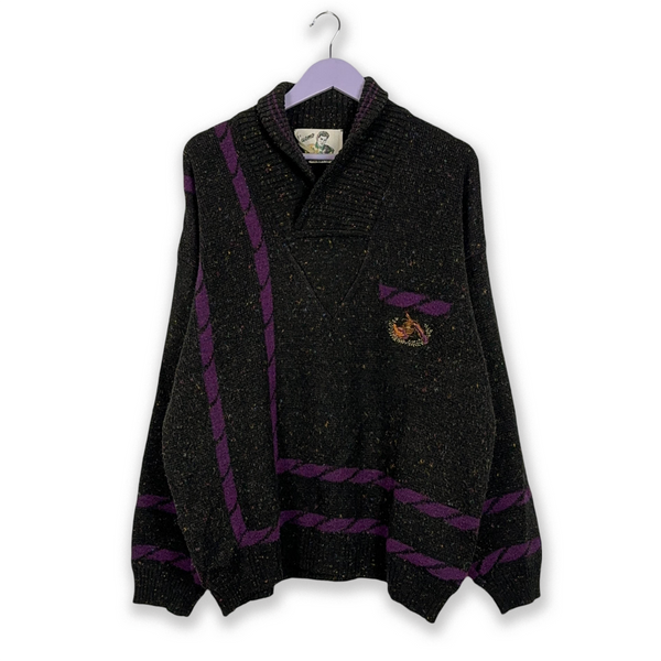 Dark Grey and Purple Vintage Turtleneck Sweater with Buttons and Embroidery - Size L/XL Men
