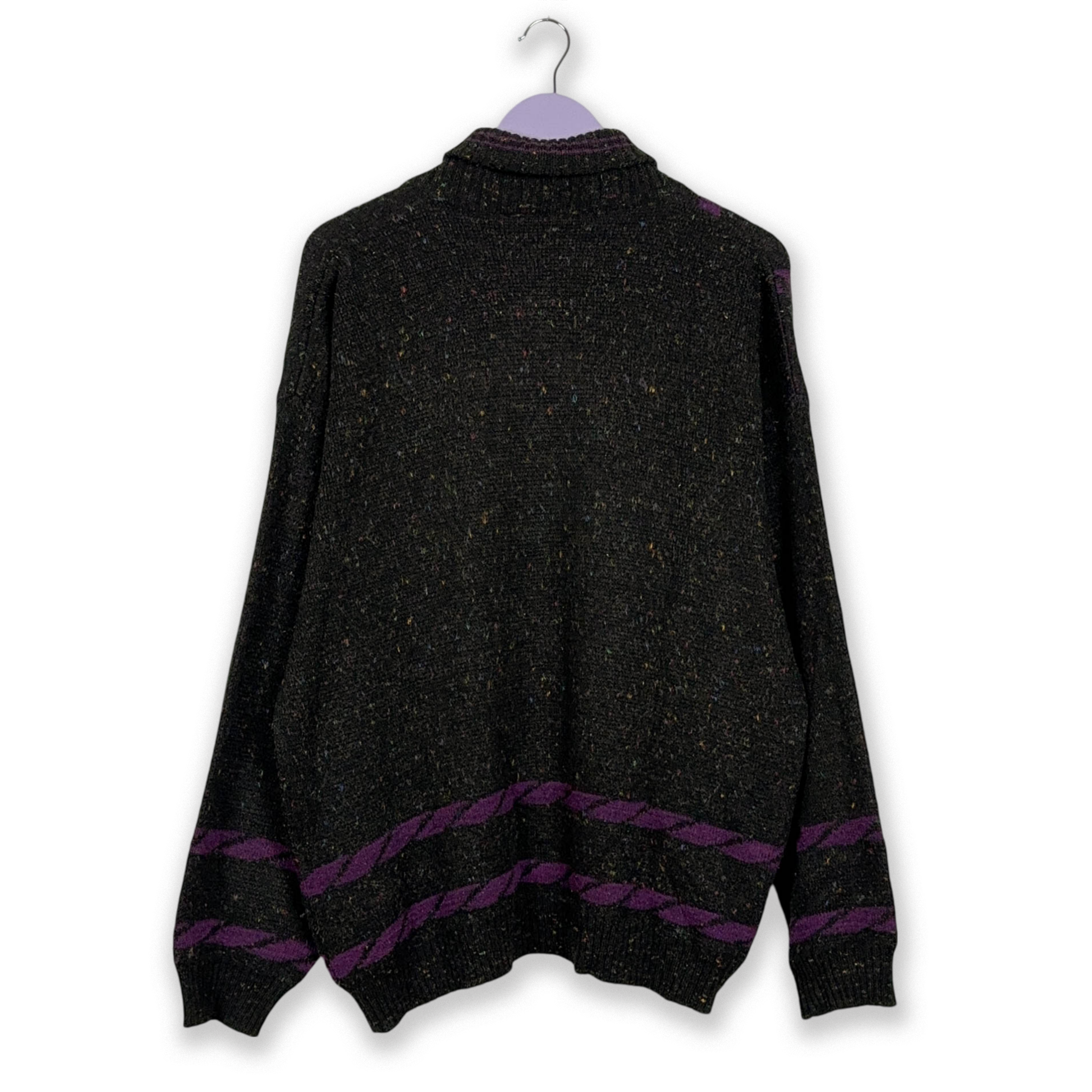 Maglione Vintage grigio scuro e viola a collo alto con bottoni e ricamo - Taglia L/XL uomo