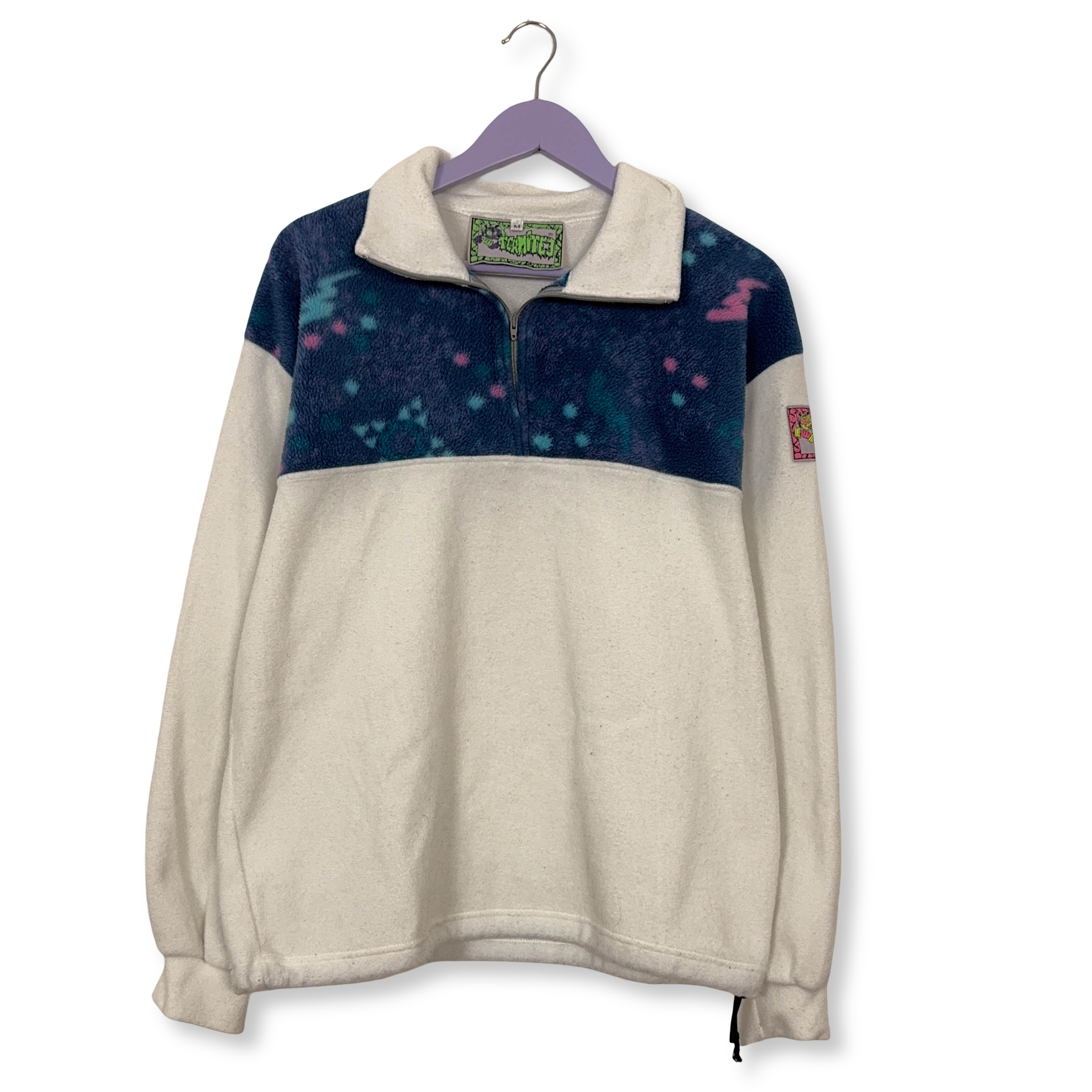 Pile Vintage bianco e blu a fantasia con patch anni 80 90 - Taglia M uomo