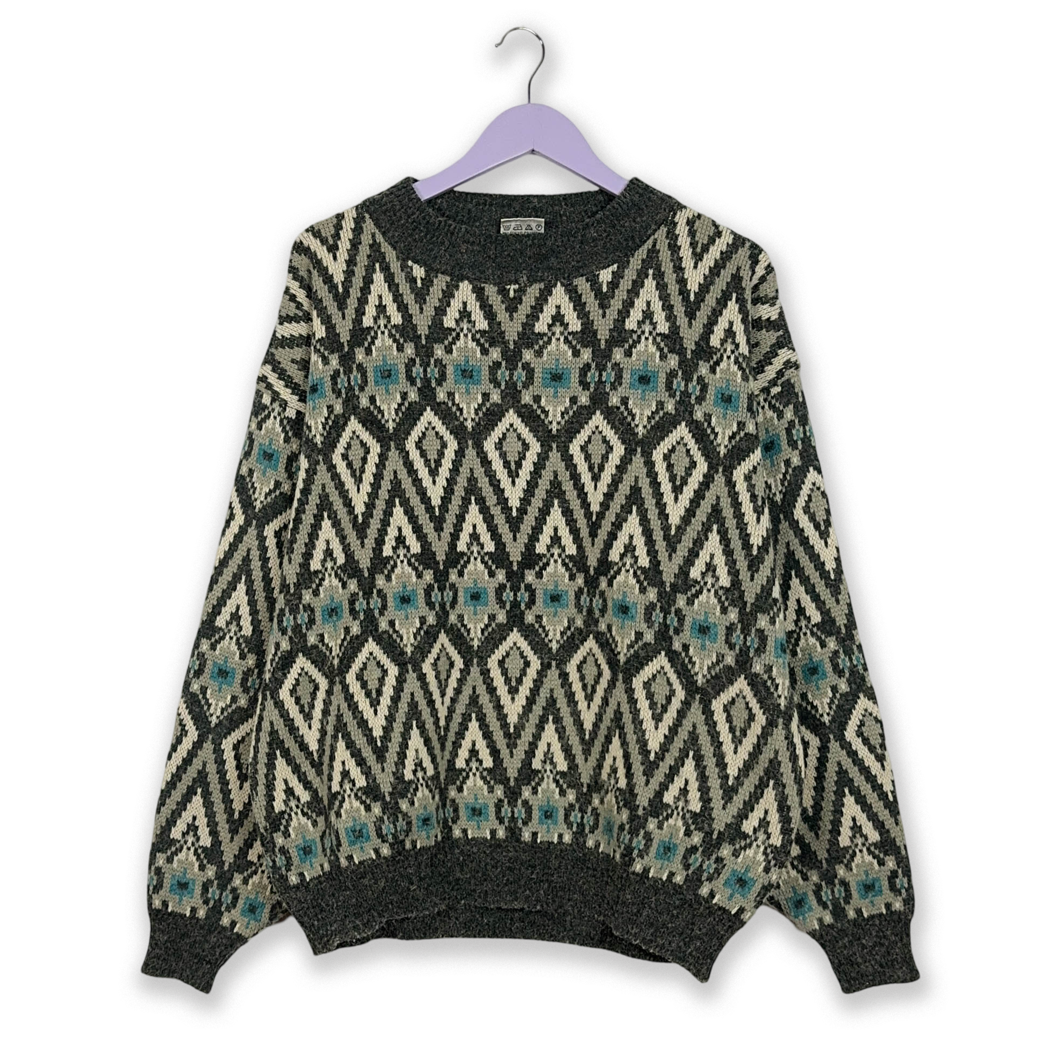 Maglione Vintage grigio e bianco a girocollo a fantasia geometrica - Taglia L/XL uomo