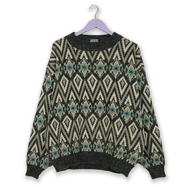 Vintage Grey and White Geometric Crewneck Sweater - Size L/XL Men