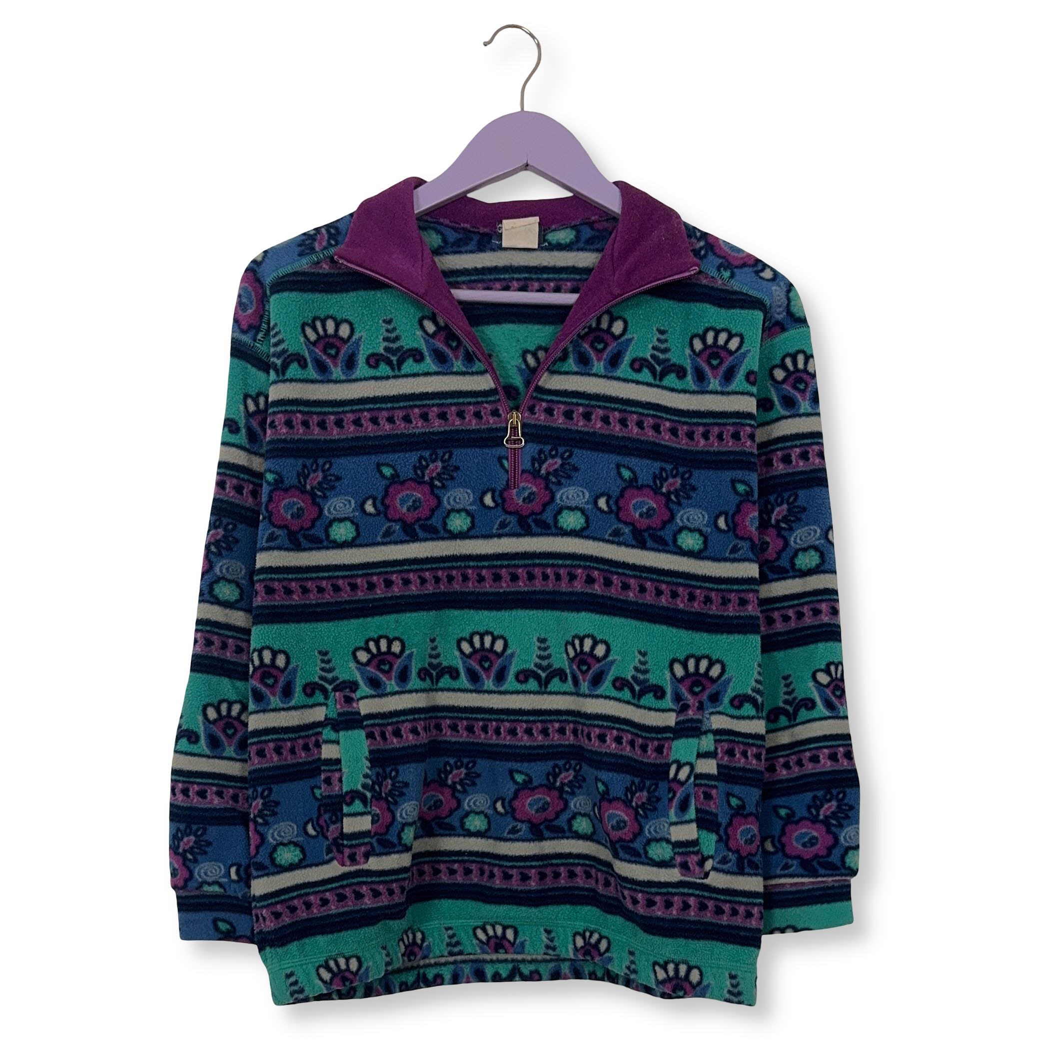 Pile Vintage viola verde e blu a fantasia astratta anni 80 90 - Taglia 42 uomo