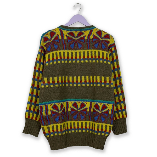 Stefanel Vintage Sweater 80% Wool and Mohair Green and Yellow Striped and Patterned - Size L Men