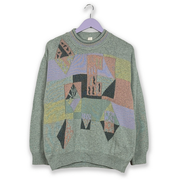 Vintage Light Blue Crewneck Sweater with Multi-Color Geometric Pattern - Size M Men