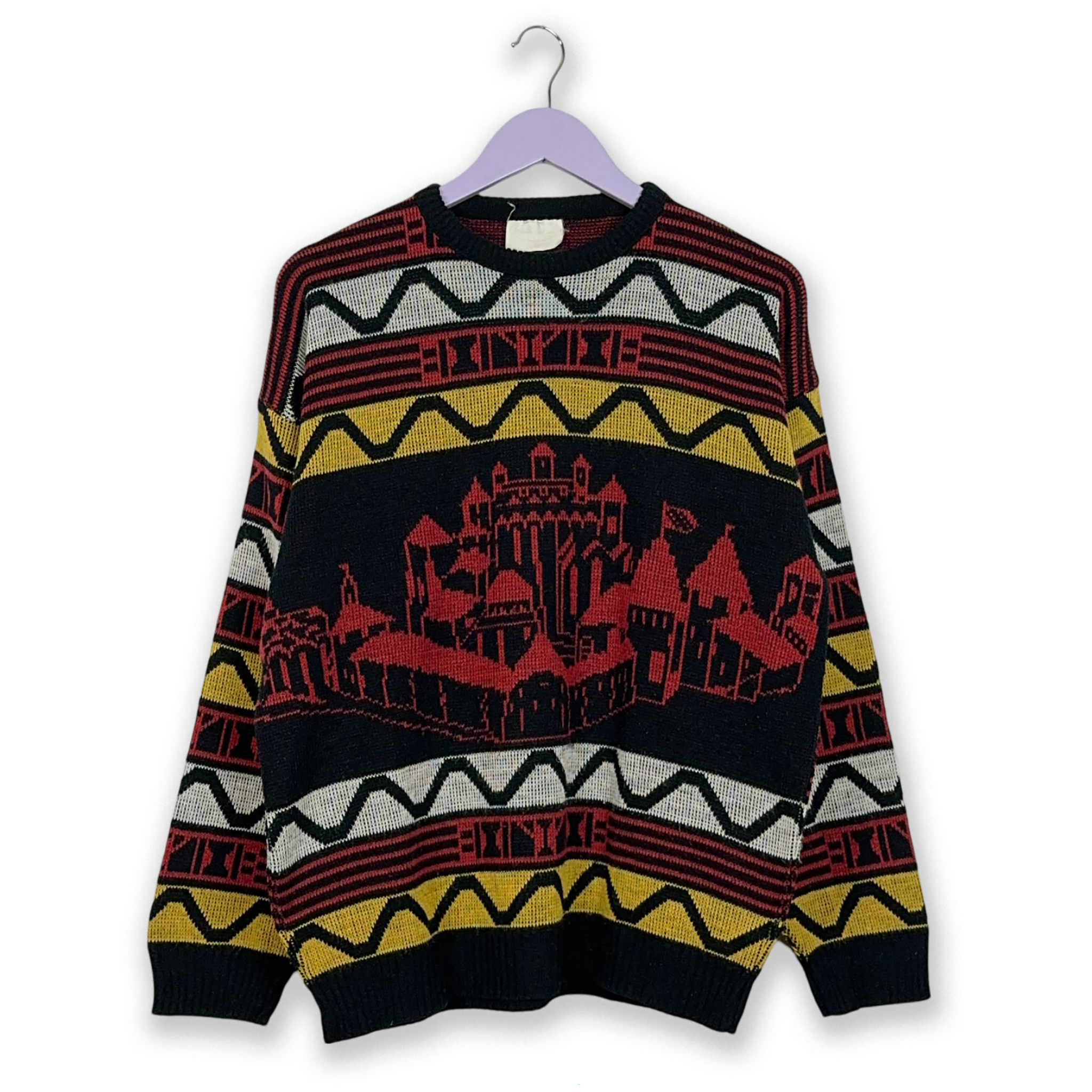 Maglione Vintage nero e rosso a girocollo a fantasia - Taglia L uomo