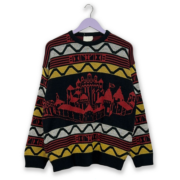 Vintage Black and Red Crewneck Patterned Sweater - Size L Men