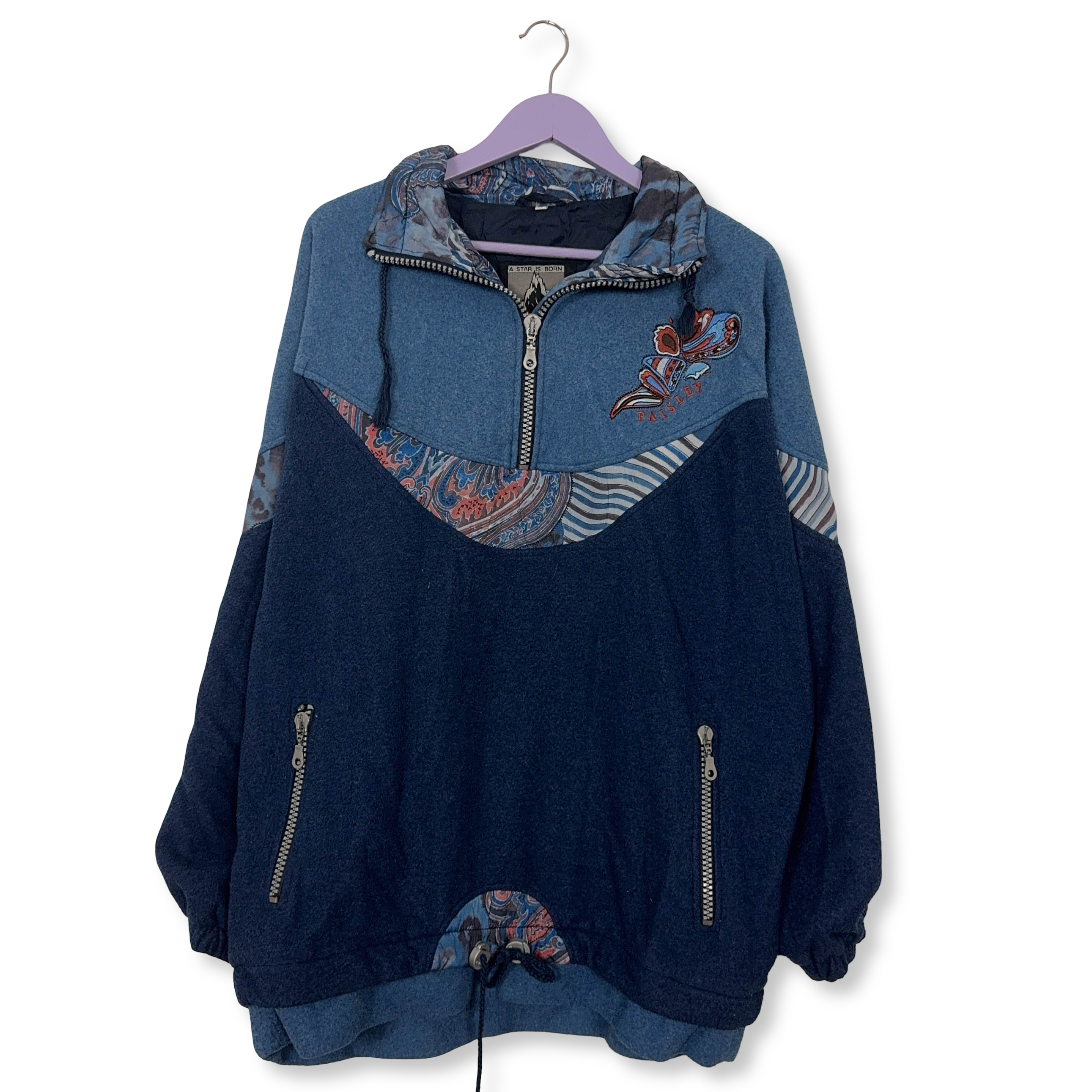 Pile Vintage blu e azzurro foderato con ricamo e zip anni 80 90 - Taglia XL uomo