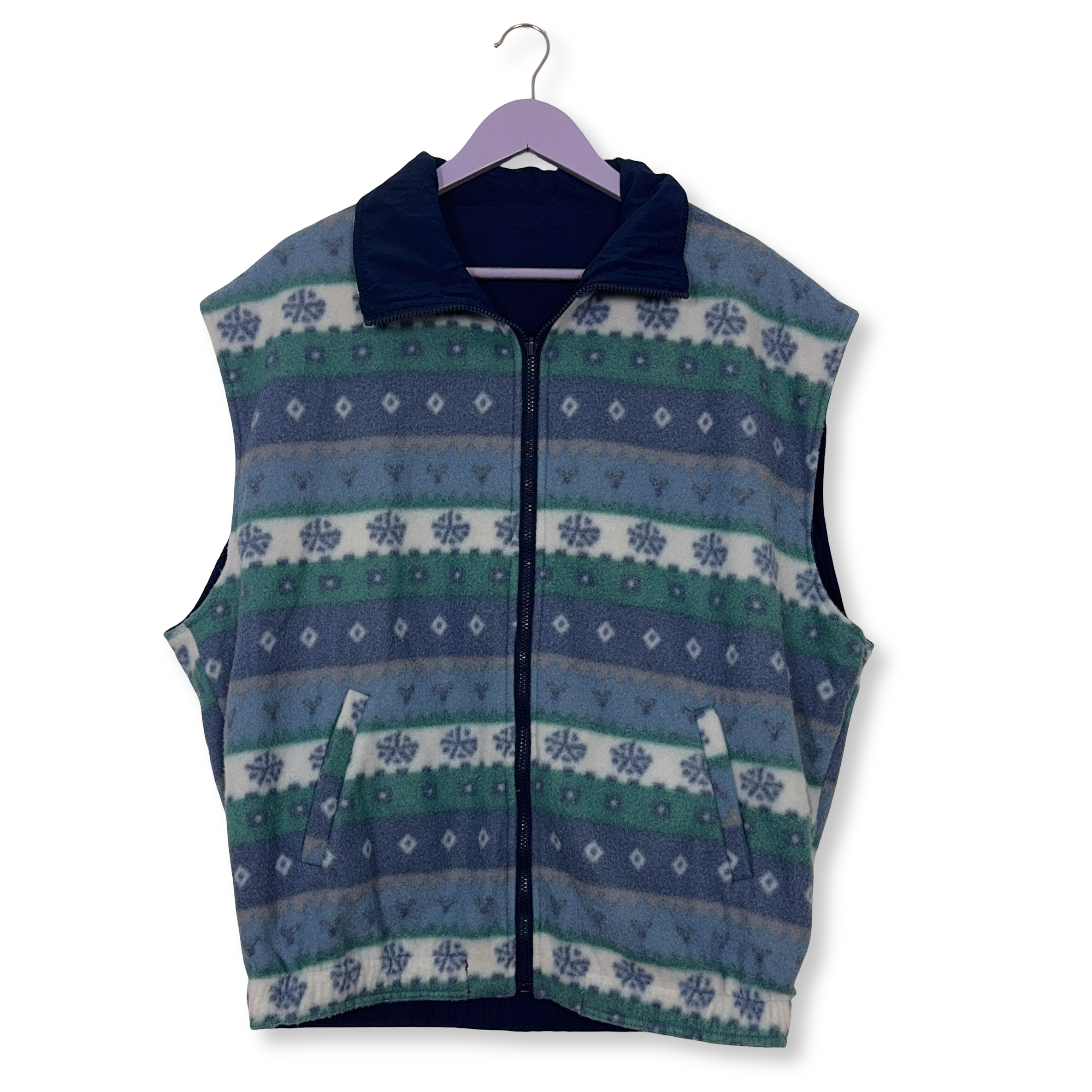 Pile Smanicato Vintage double face azzurro astratto e blu anni 80 90 - Taglia L/XL uomo