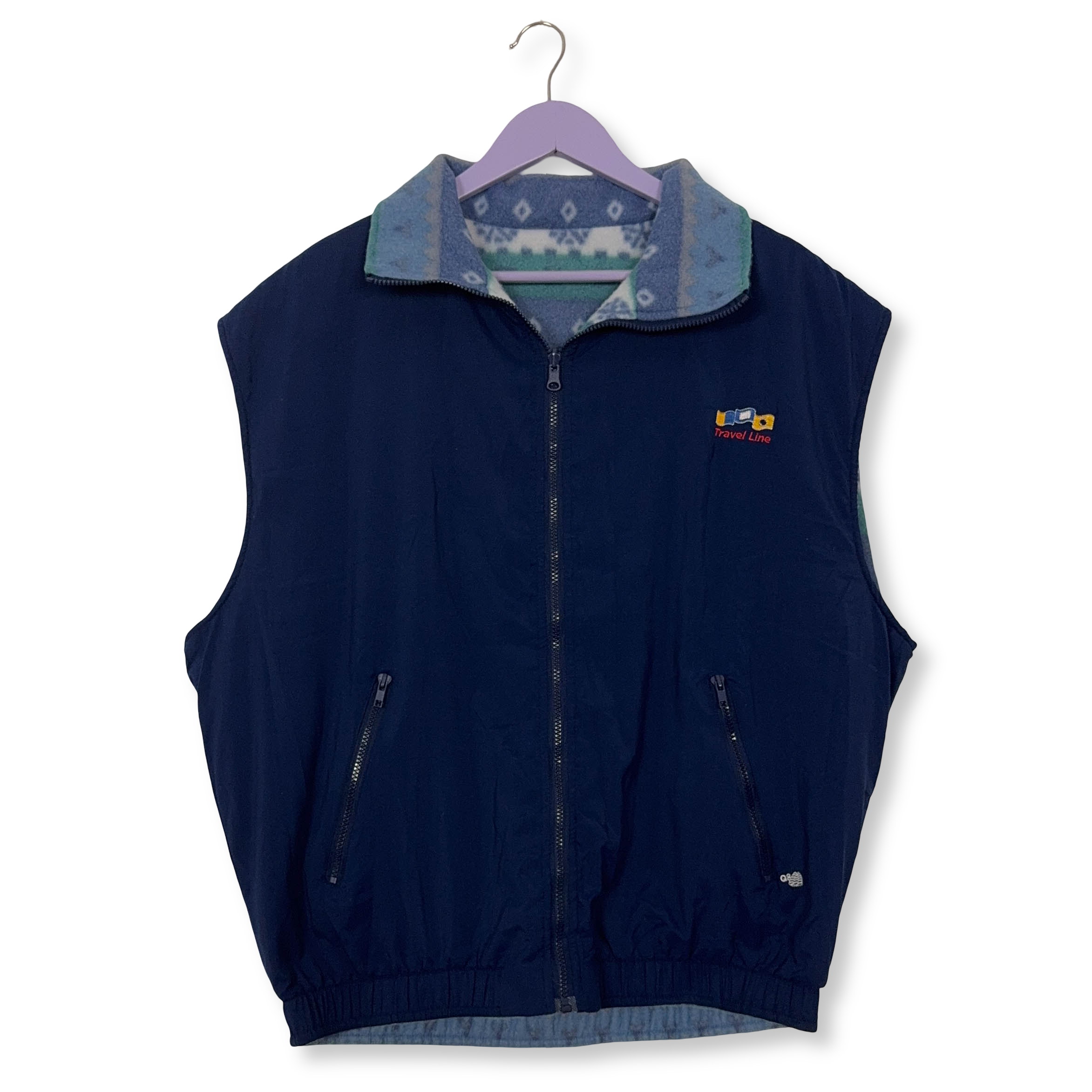 Pile Smanicato Vintage double face azzurro astratto e blu anni 80 90 - Taglia L/XL uomo