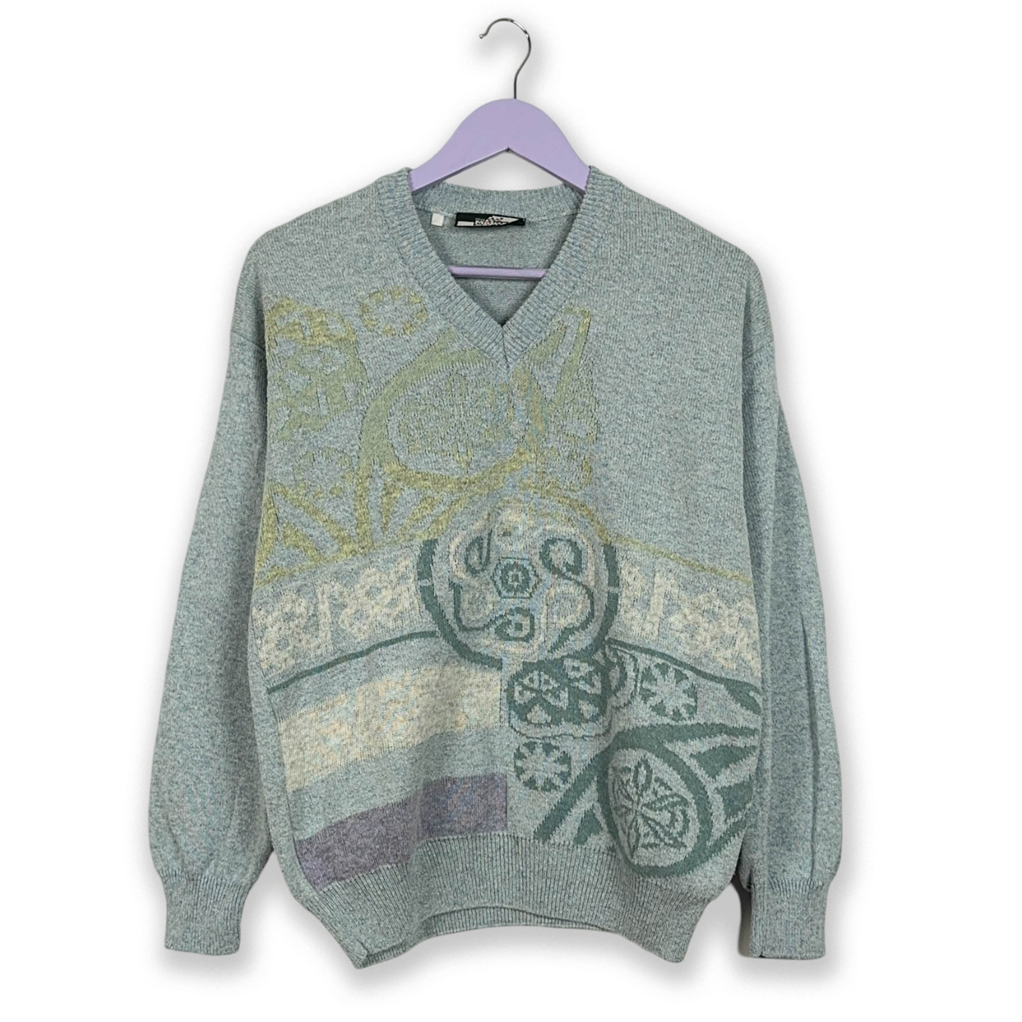 Maglione Vintage azzurro a fantasia con scollo a V in cotone - Taglia S/M uomo