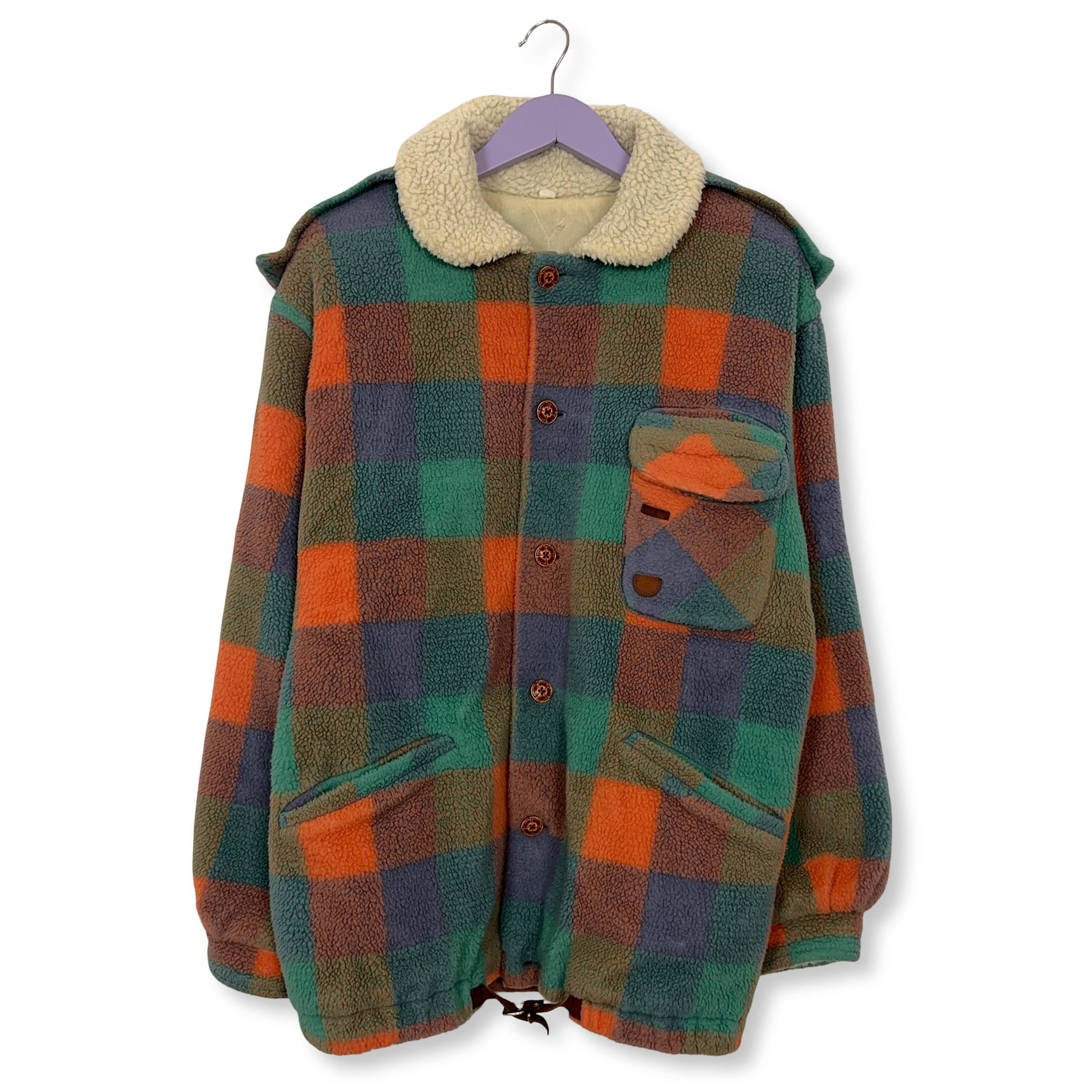 Pile Vintage foderato multicolore a quadri con bottoni anni 80 90 - Taglia L uomo