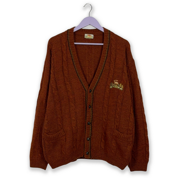 Brown Vintage Cardigan 50% Wool Woven with Embroidery - Size 50 Men