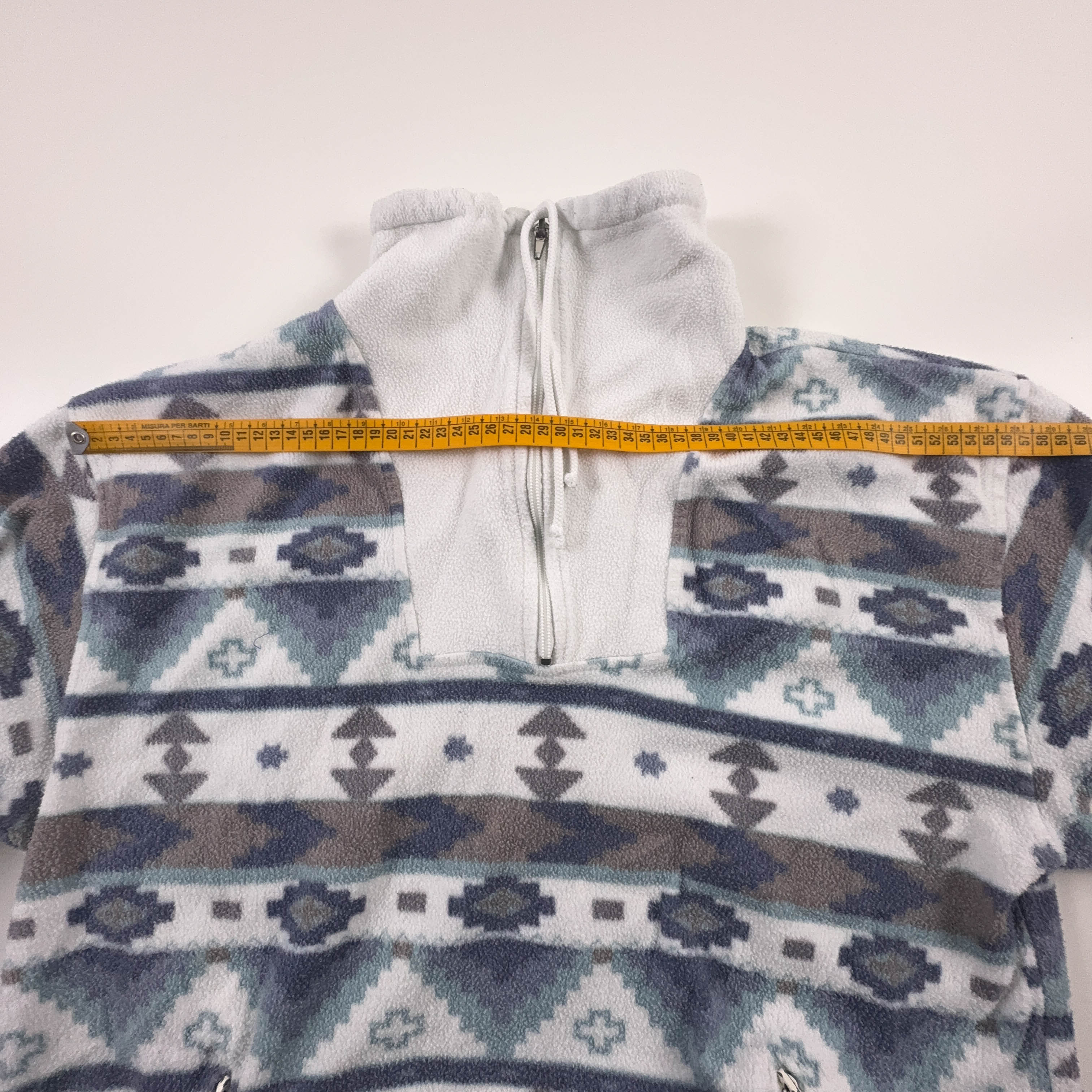 Pile Vintage bianco e azzurro astratto con zip anni 80 90 - Taglia M/L uomo