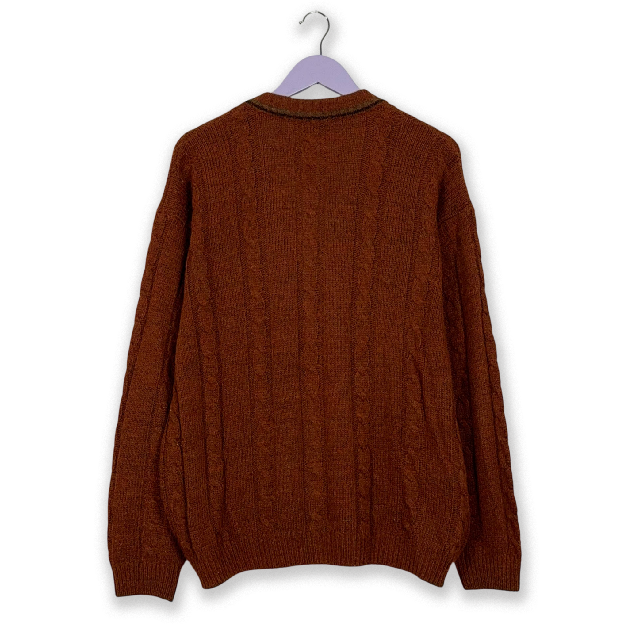Cardigan Vintage marrone 50% lana intrecciato con ricamo - Taglia 50 uomo