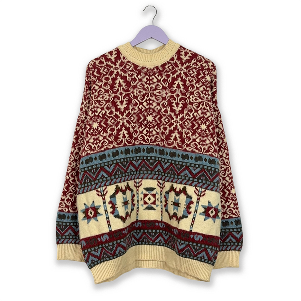 Vintage 88% wool red and beige patterned crew neck sweater - Size XL men