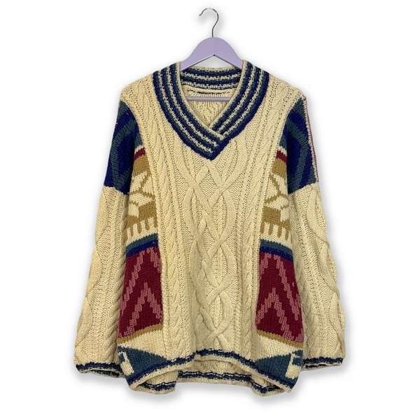 Vintage Handmade Beige Blue Red V-Neck Sweater - Size L Men