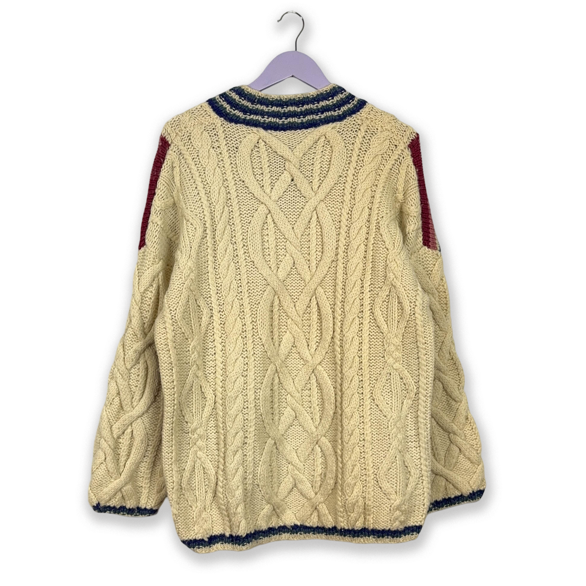 Maglione Vintage Handmade beige blu e rosso con scollo a V - Taglia L uomo