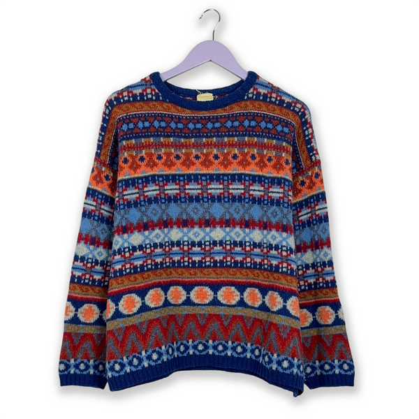 Vintage 60% Wool Crew Neck Sweater Blue and Orange Stripes - Size 176 Men