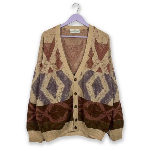Vintage Cardigan 28% Wool Brown and Beige Geometric Pattern - Size 54 Men
