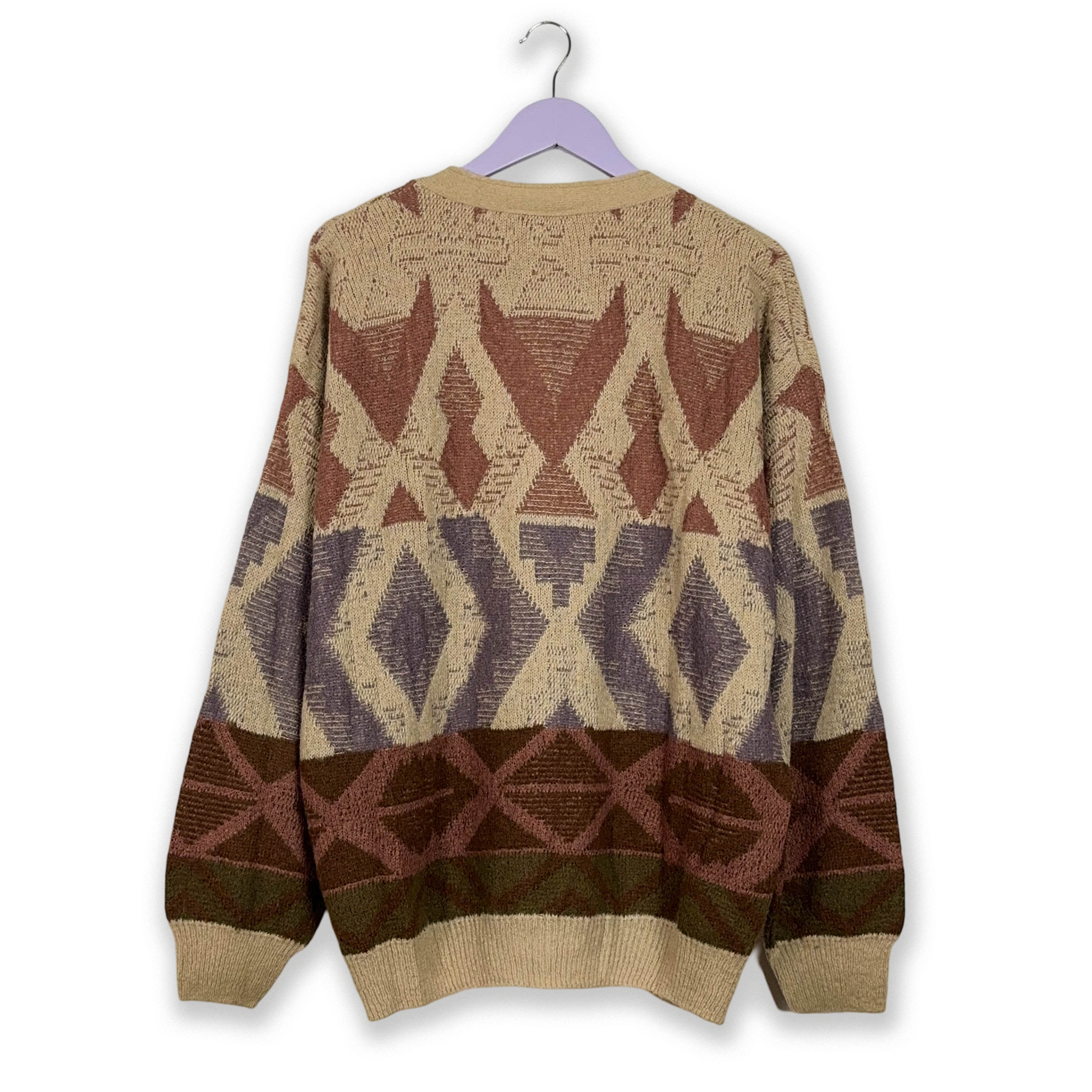 Vintage Cardigan 28% Wool Brown and Beige Geometric Pattern - Size 54 Men