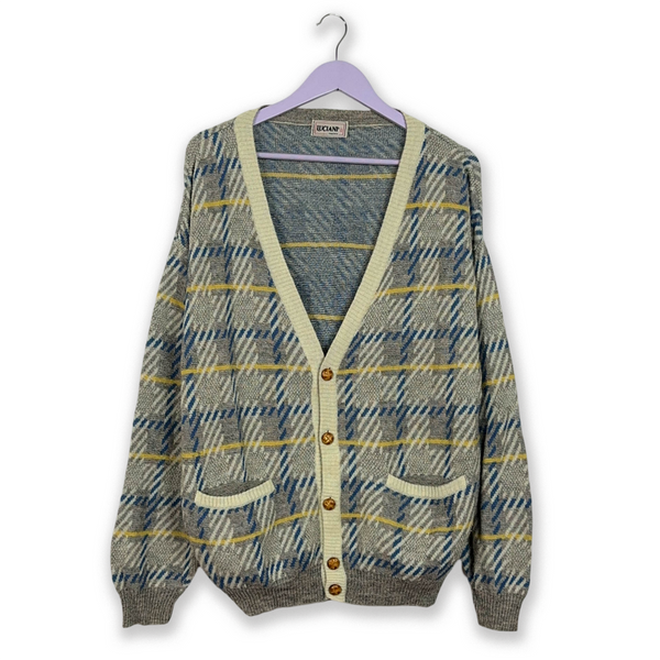 Vintage Cardigan 40% Wool Grey and Blue Check with Buttons - Size 52 L Men