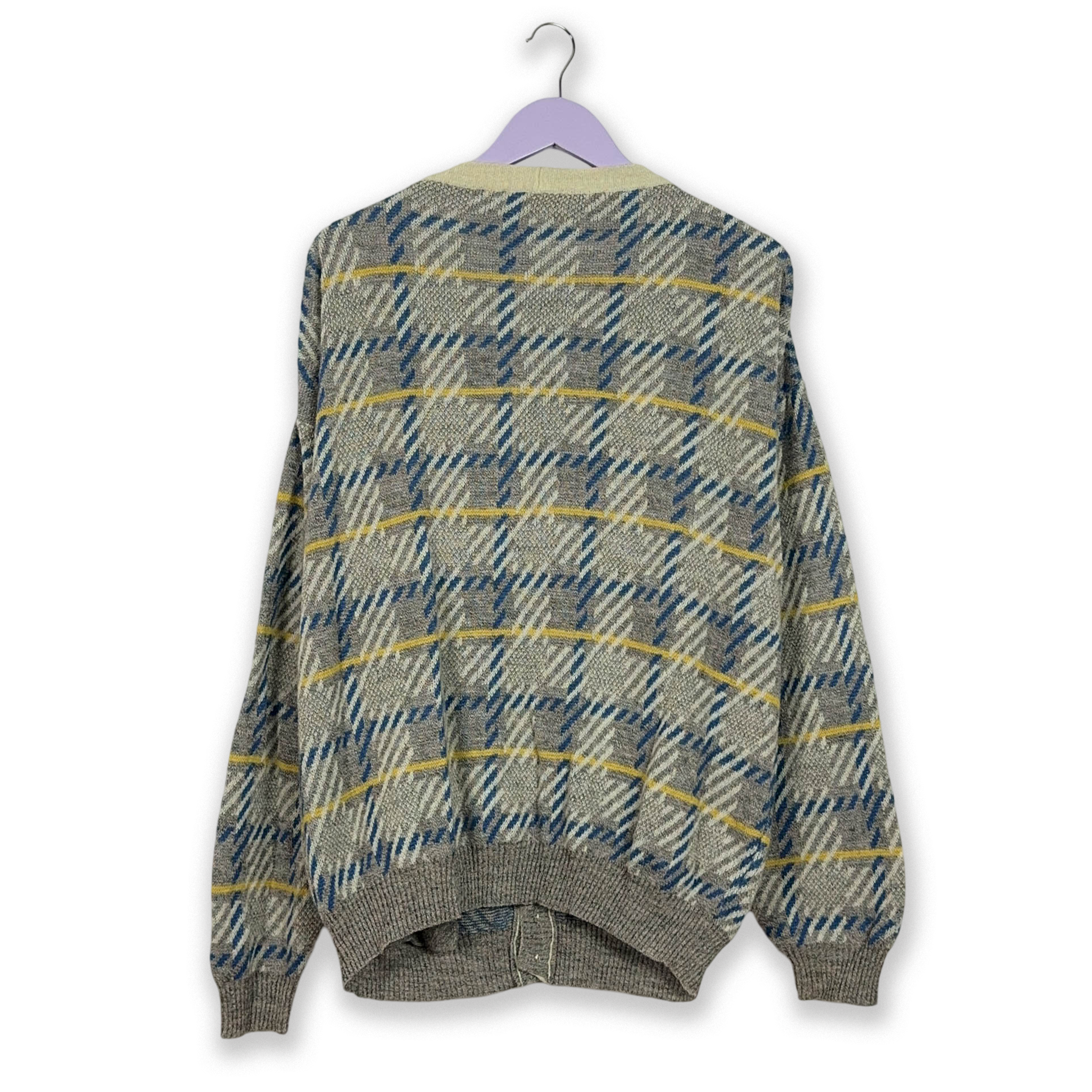 Vintage Cardigan 40% Wool Grey and Blue Check with Buttons - Size 52 L Men