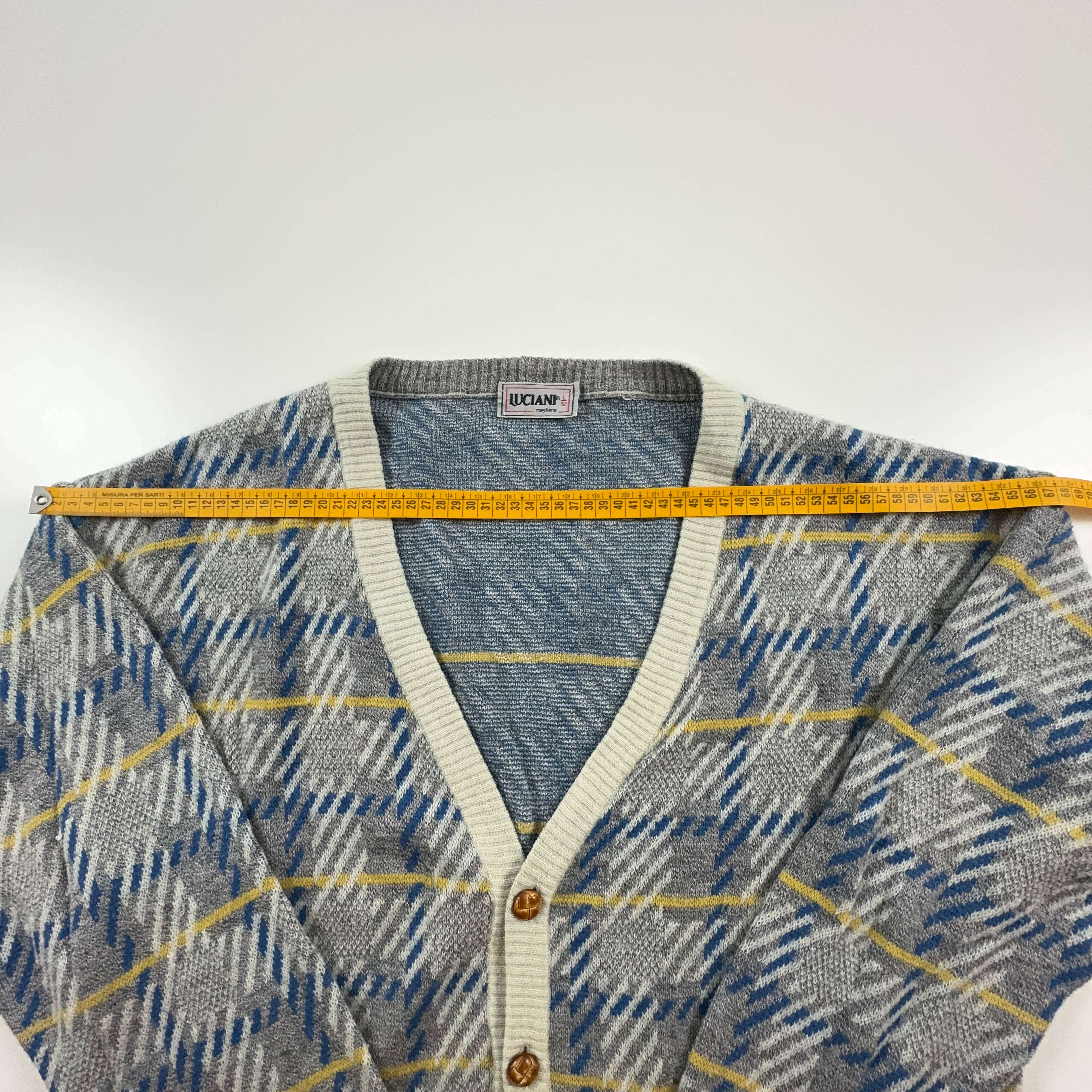 Vintage Cardigan 40% Wool Grey and Blue Check with Buttons - Size 52 L Men