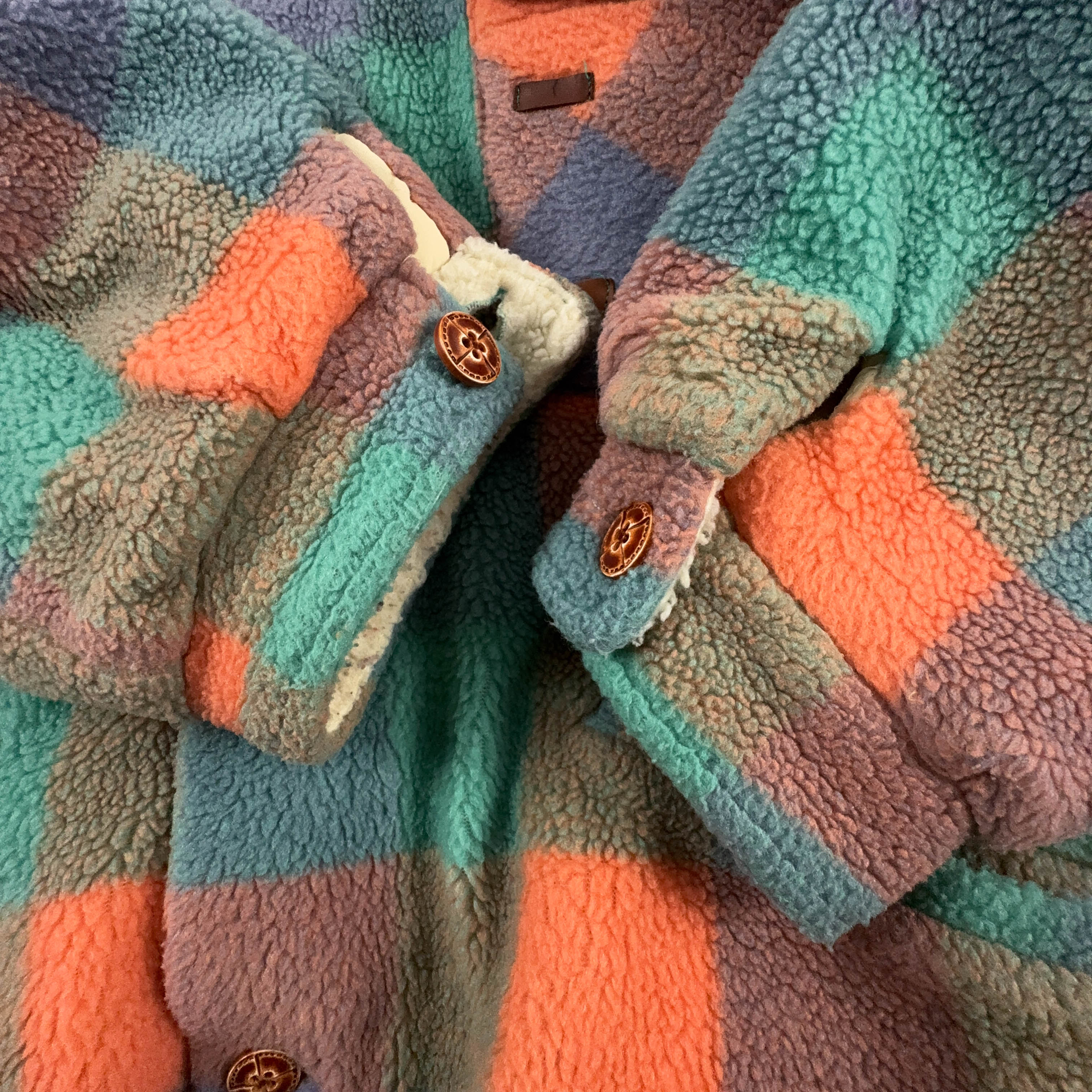 Pile Vintage foderato multicolore a quadri con bottoni anni 80 90 - Taglia L uomo
