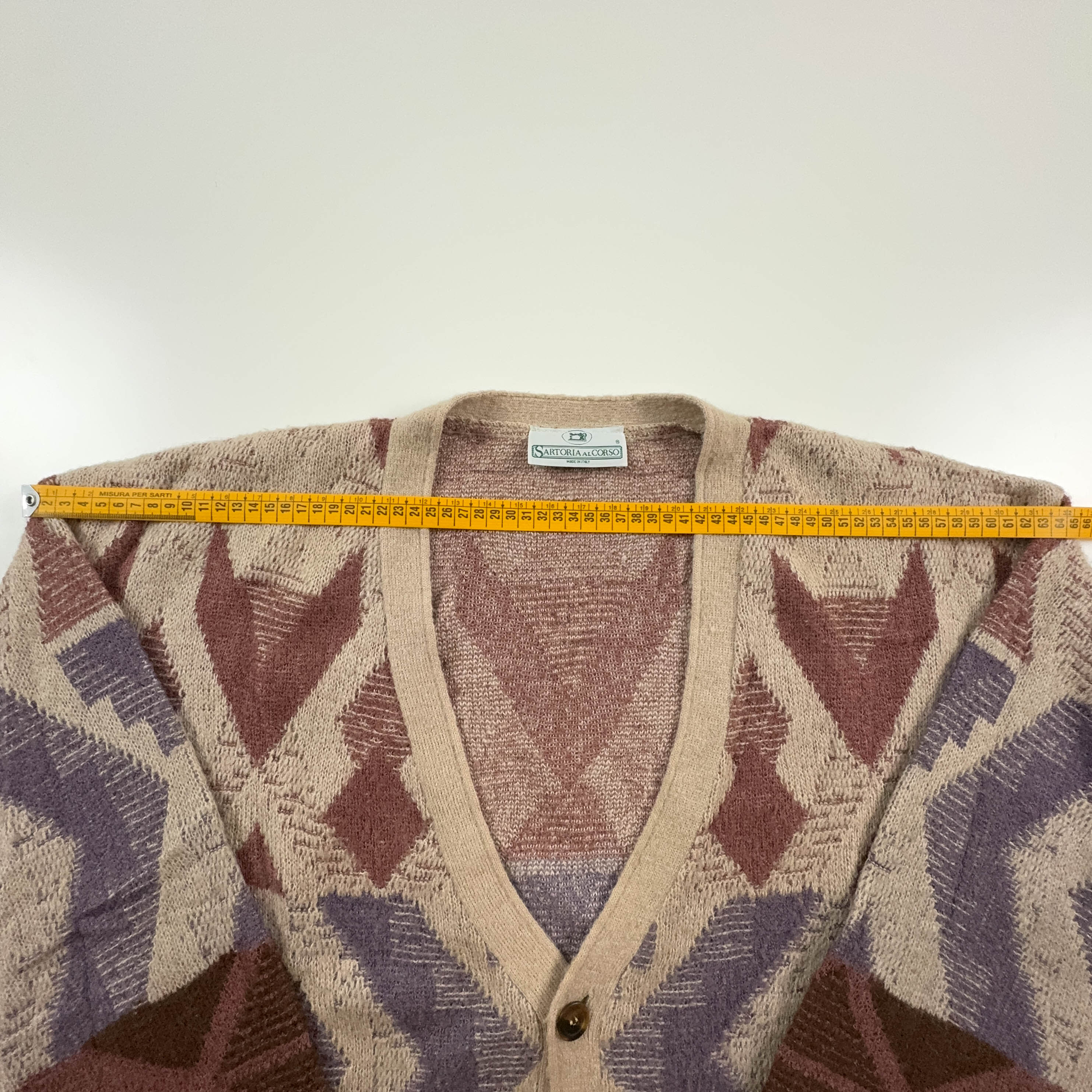 Vintage Cardigan 28% Wool Brown and Beige Geometric Pattern - Size 54 Men